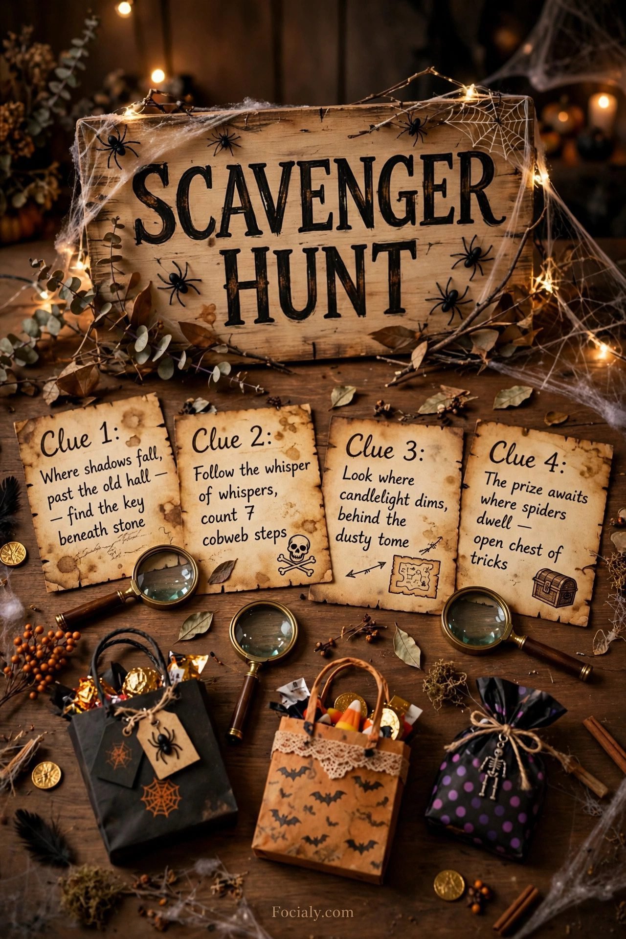 Haunted scavenger hunt clue cards and prizes on a table