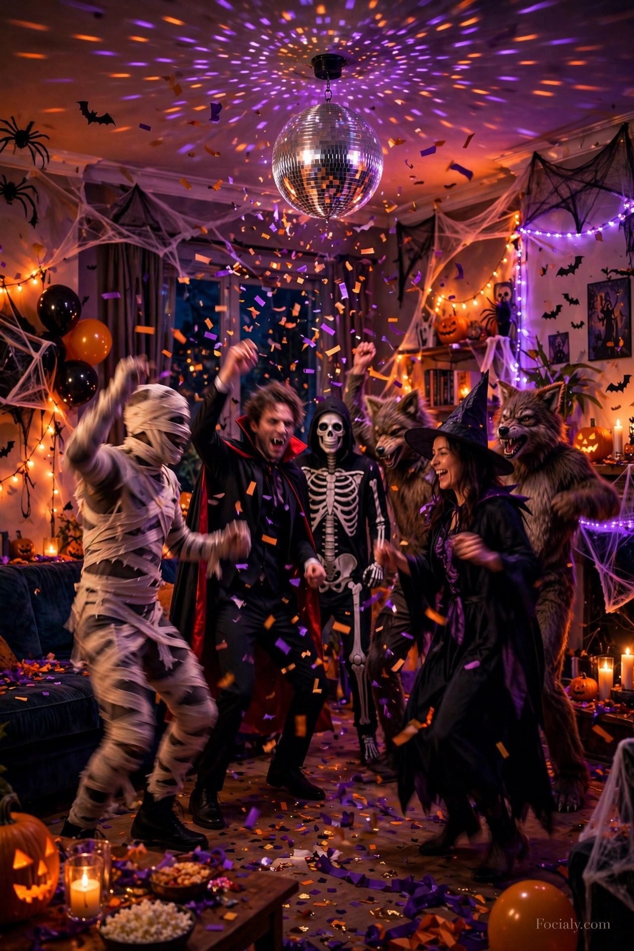 Midnight Halloween dance party with confetti and disco ball