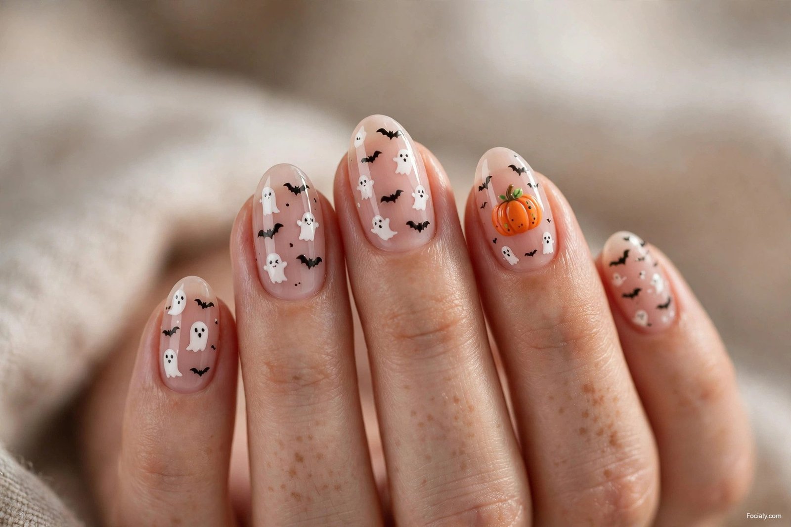 Soft spooky Halloween nails with tiny white ghosts, bats and a pumpkin on sheer nude nails
