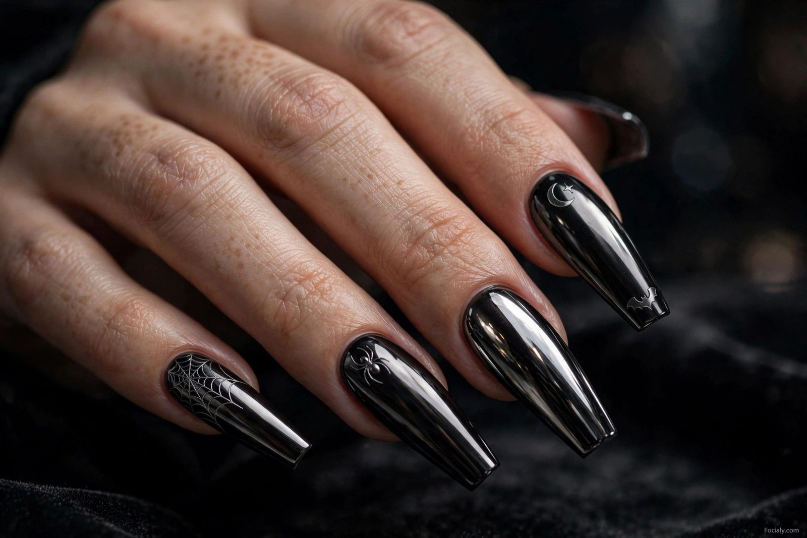 Black chrome mirror coffin nails for Halloween 2026