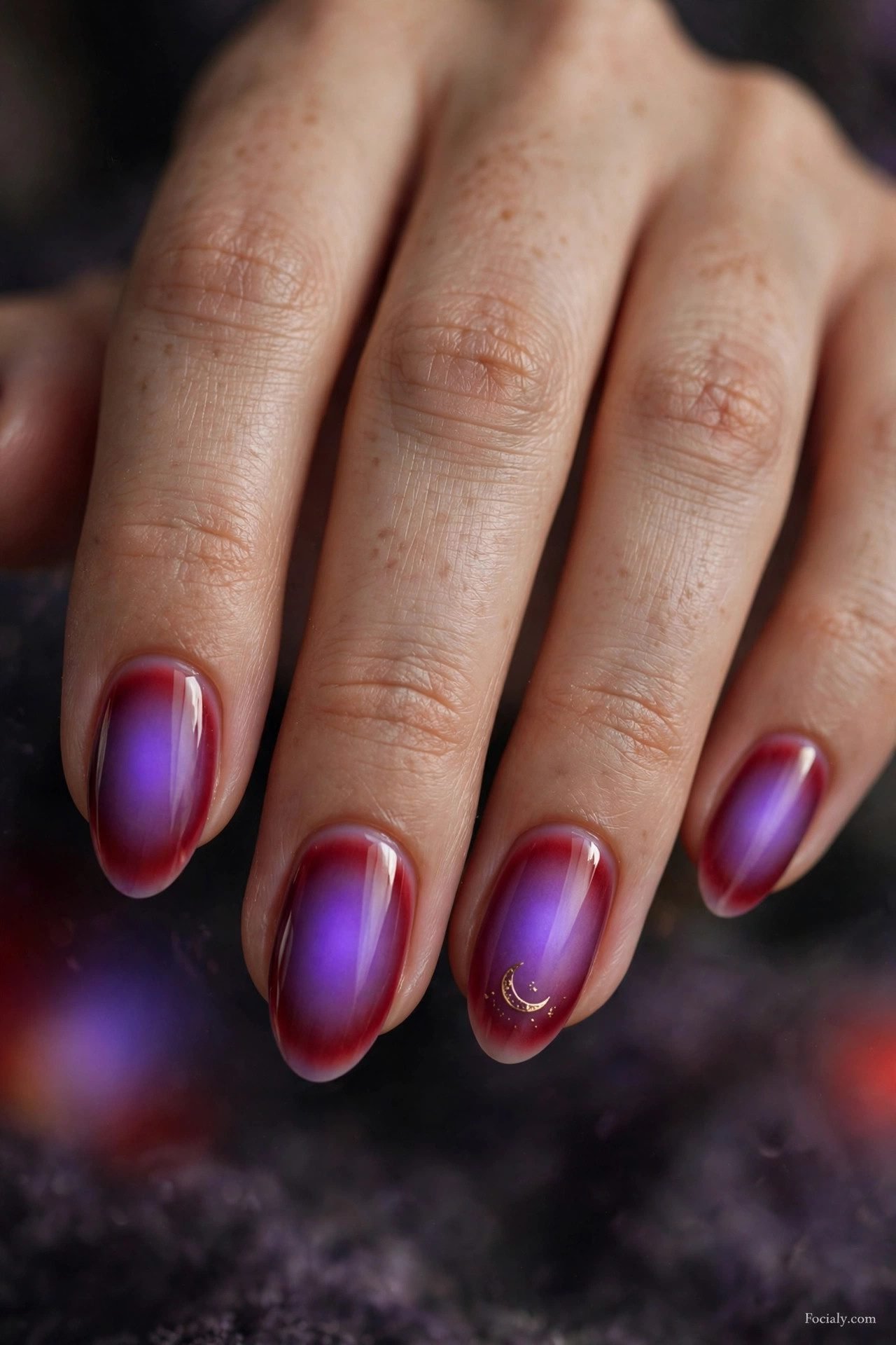 Violet and red aura glow Halloween nails with crescent moon accent
