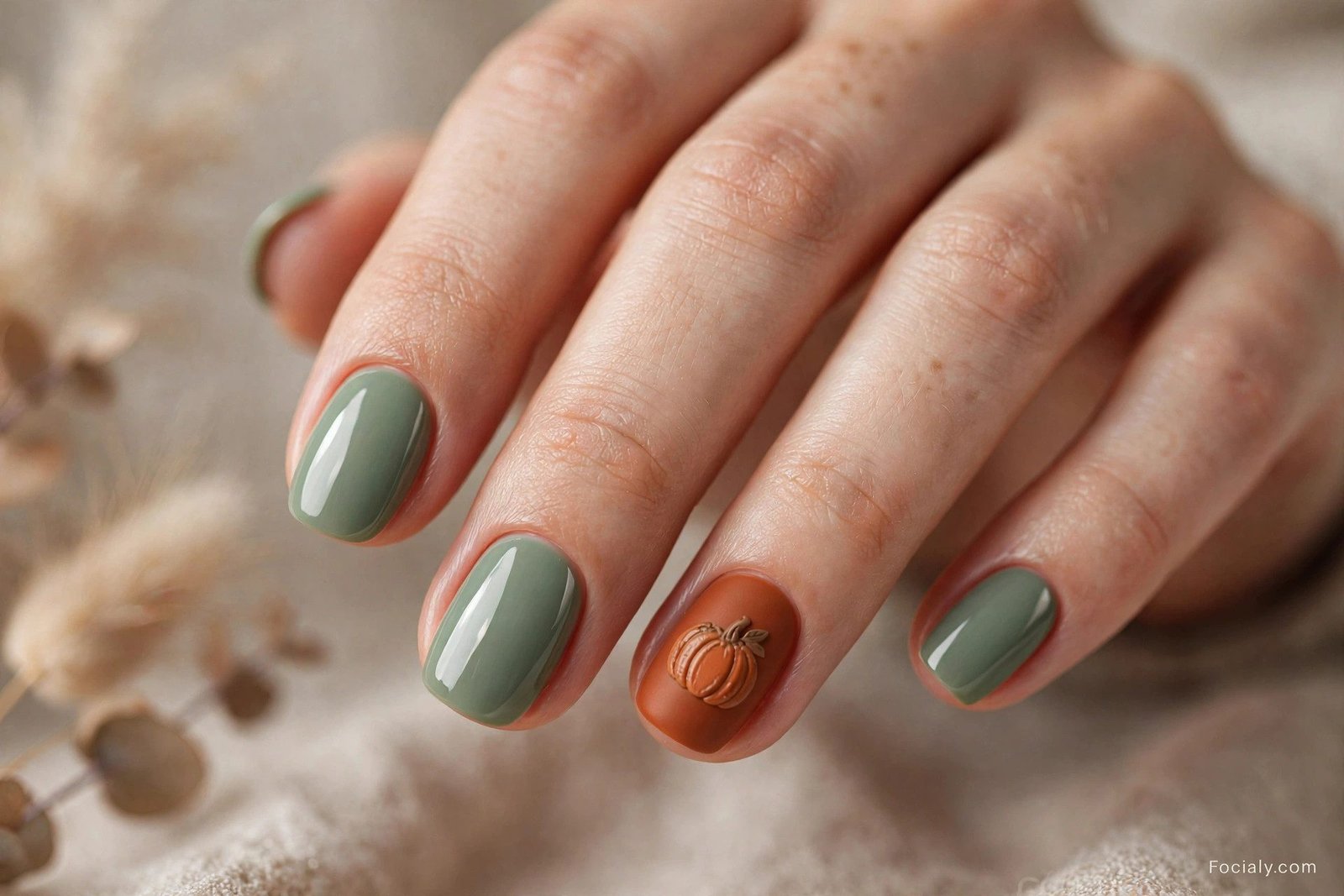 Sage green Halloween nails with rust orange pumpkin accent nail
