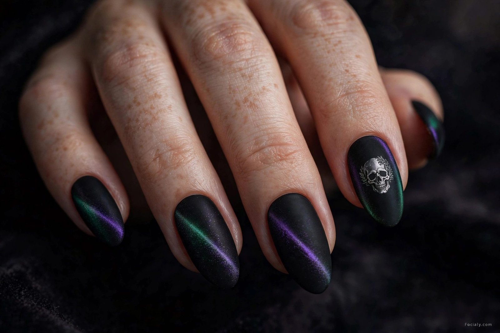 Matte black cat-eye Halloween nails with color-shifting skull design