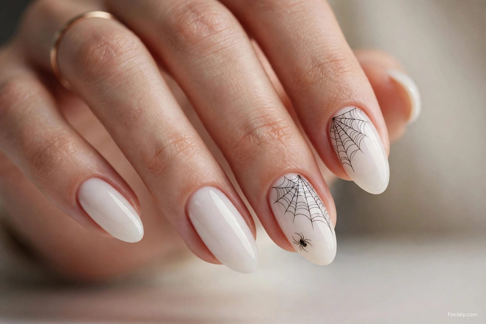 Milky white nails with fine black spiderweb Halloween nail art