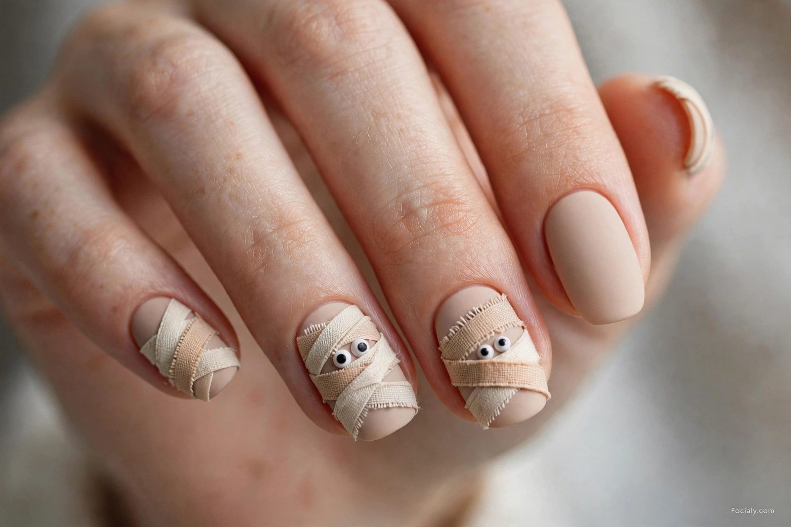 Mummy wrap Halloween nails with beige bandage lines and tiny eyes