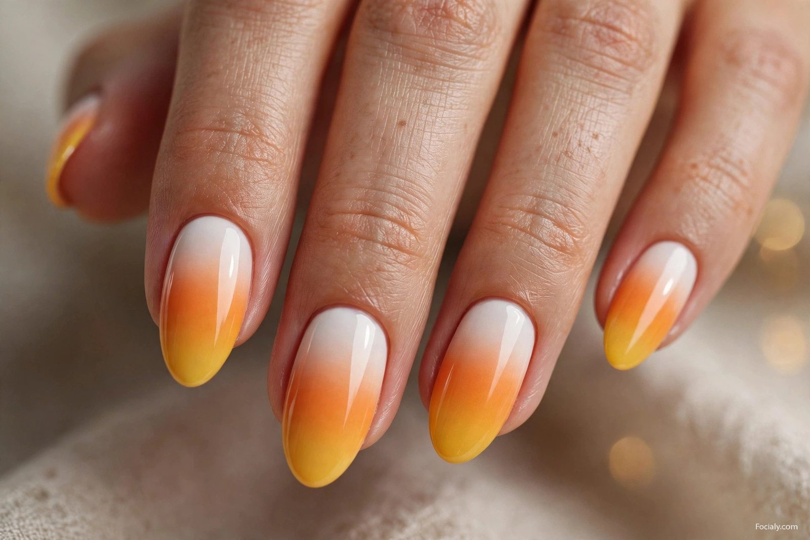 Candy corn ombre Halloween nails in orange yellow and white