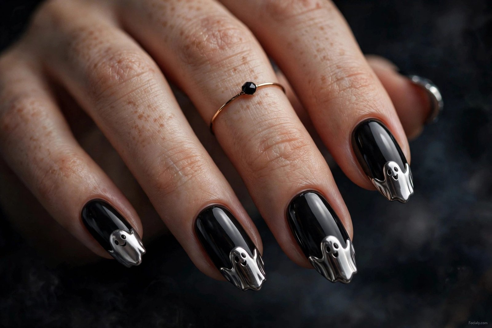 Black nails with chrome ghost French tips for Halloween