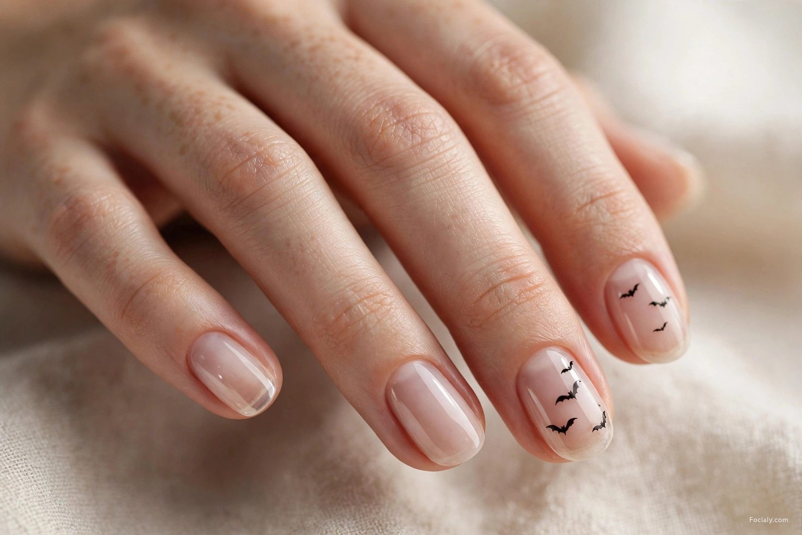 Negative space Halloween nails with black bat silhouettes