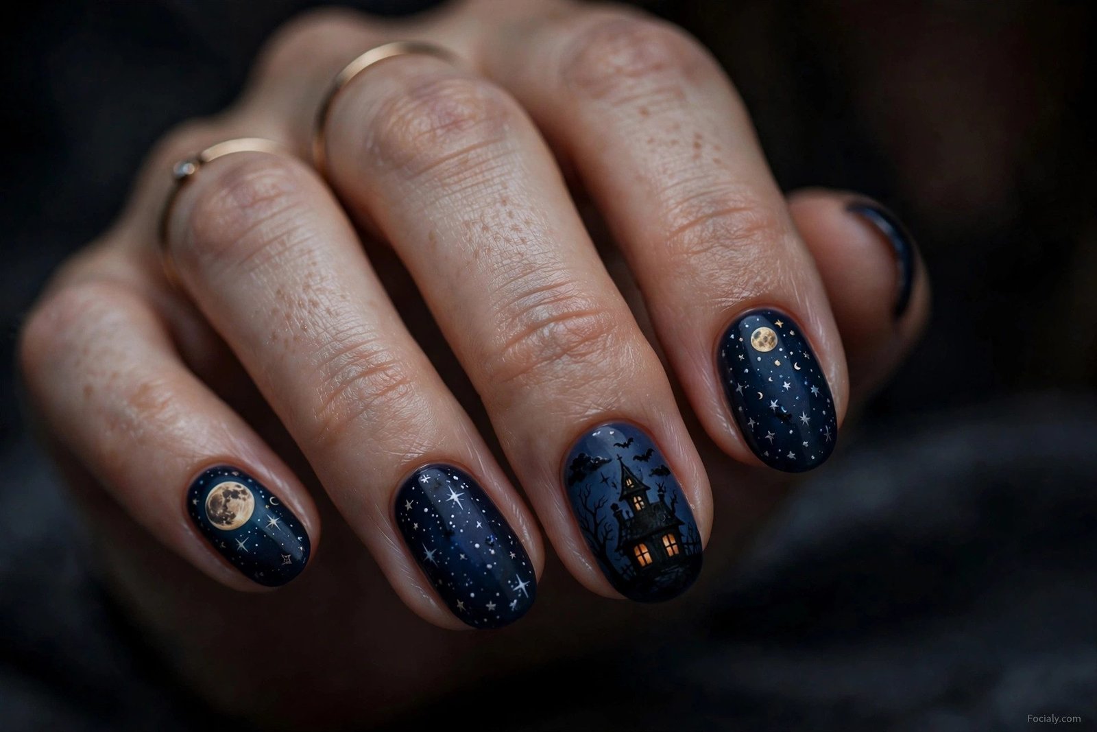 Haunted house night sky Halloween nail art in midnight blue
