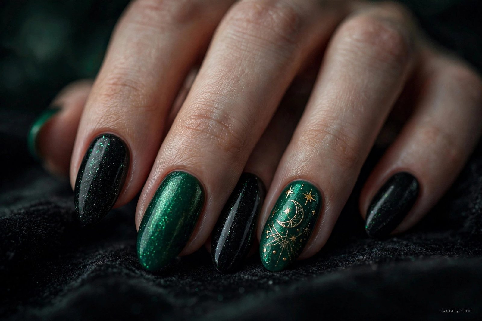 Emerald green and black witchy Halloween nails with gold accents