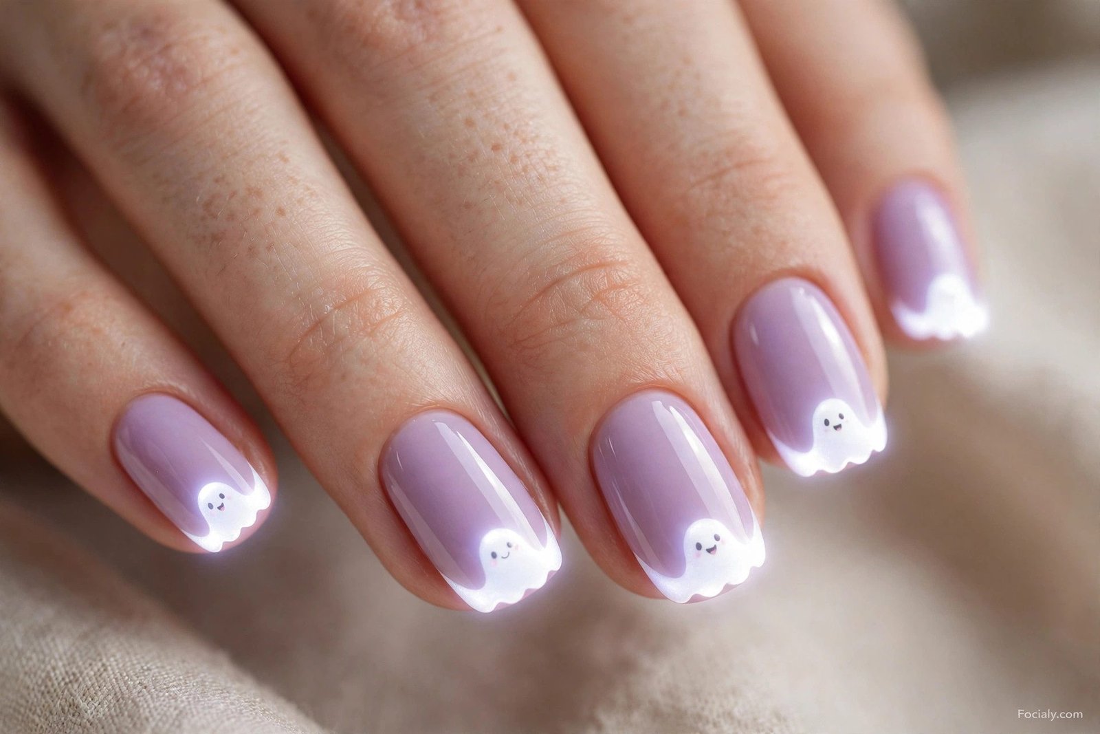Pastel lilac Halloween nails with glowing ghost tips