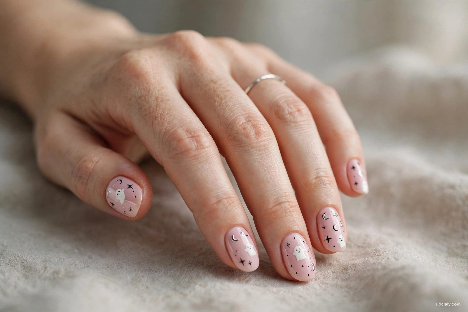 Pastel pink goth Halloween nails with tiny ghosts and stars