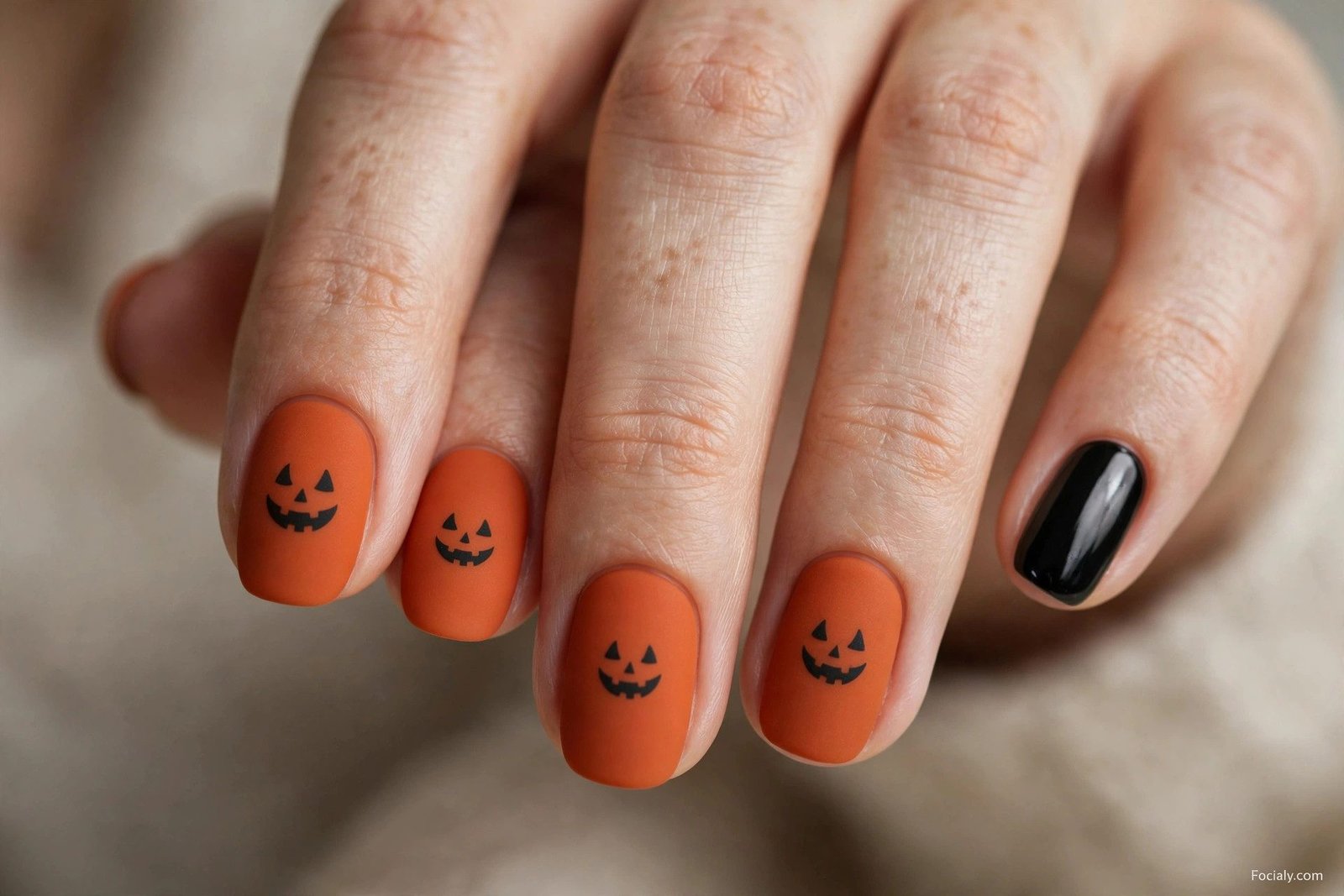 Matte orange Halloween nails with minimalist jack-o-lantern faces