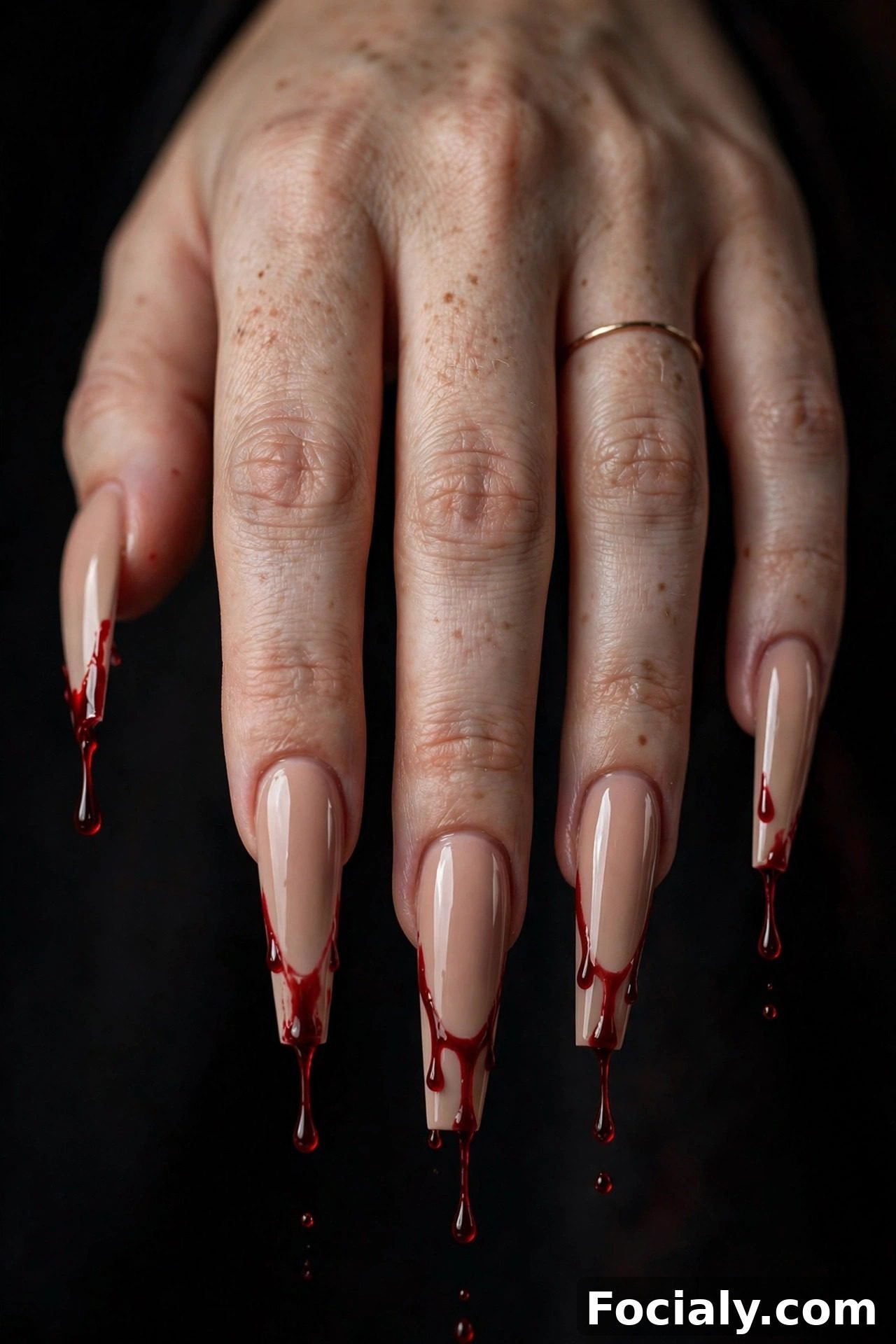 Nude coffin nails with glossy red blood drips from the tips - Halloween nails design