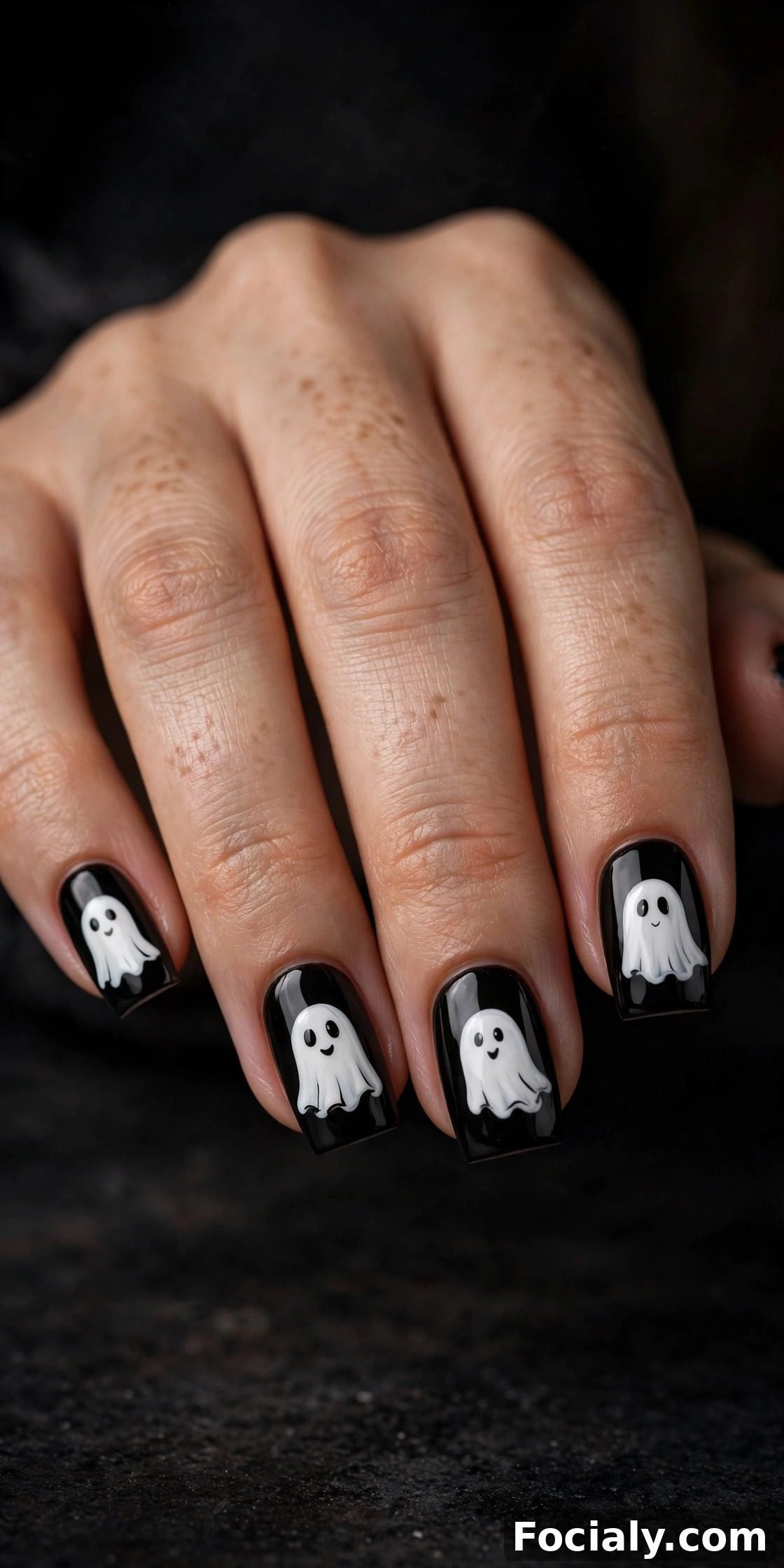 Black square nails with cute white sheet ghost faces - Halloween nails design