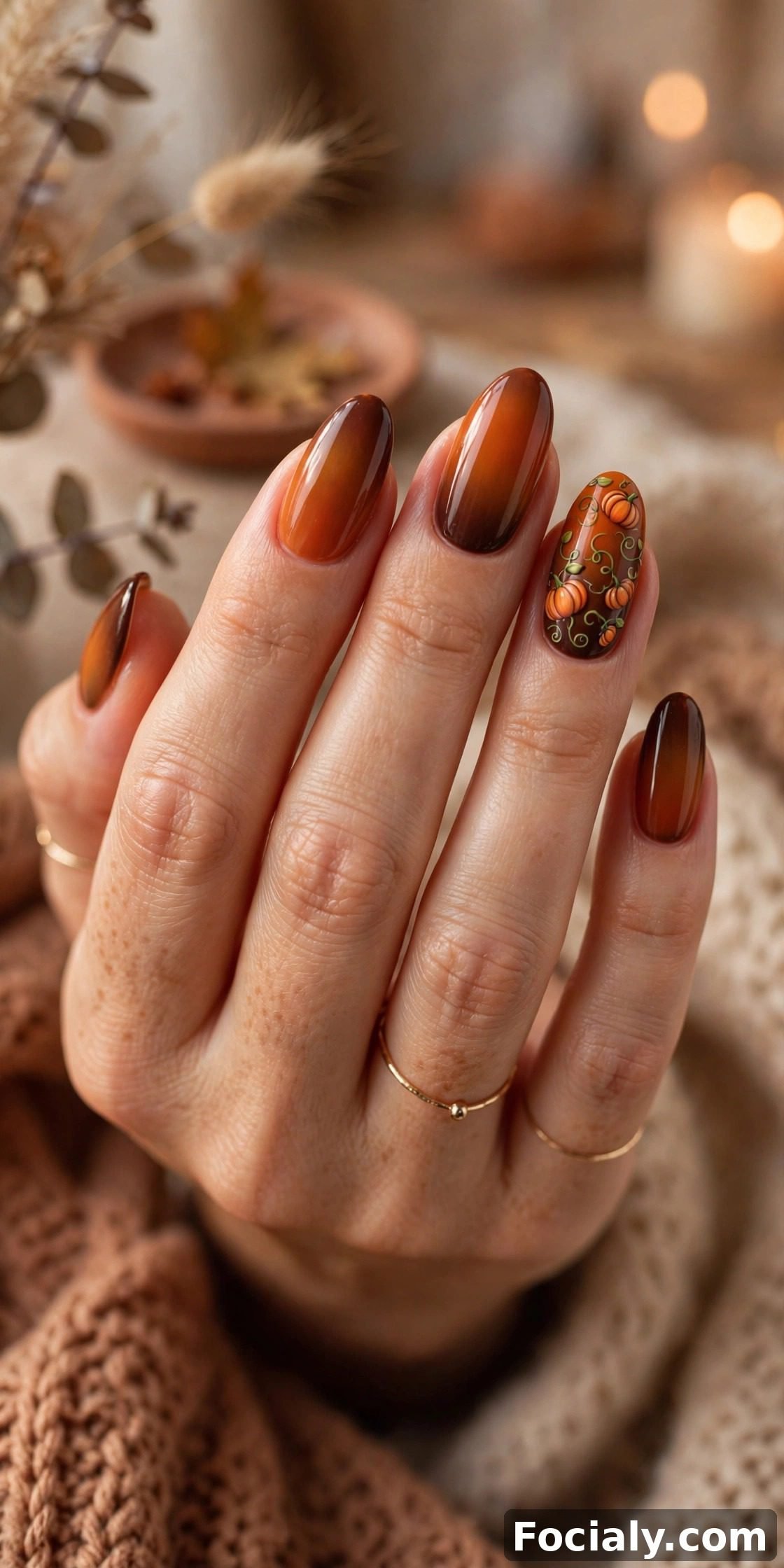 Burnt orange ombre nails with tiny hand-painted pumpkins - Halloween nails design