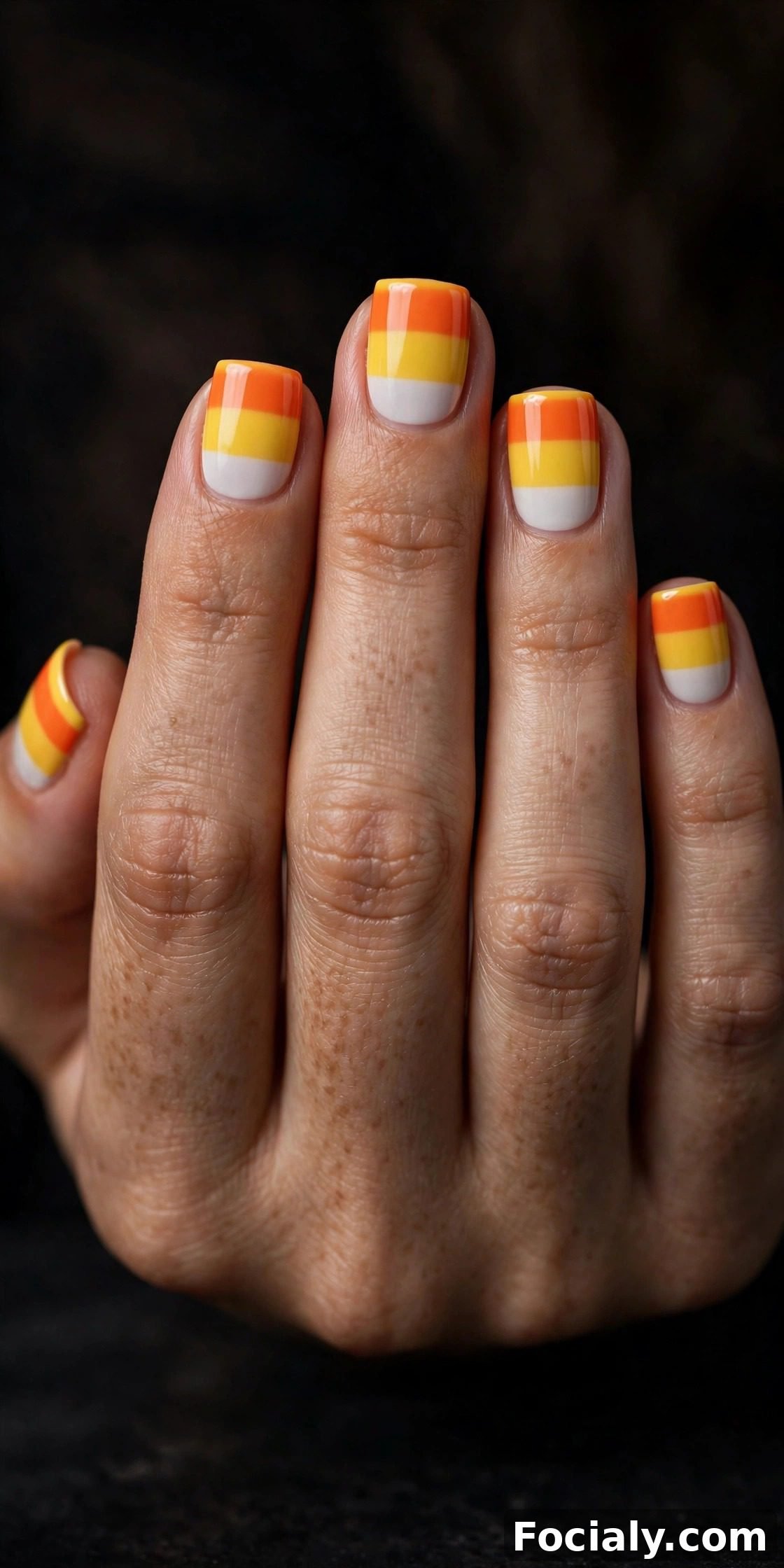 Short square nails with candy corn stripes in white yellow and orange - Halloween nails design