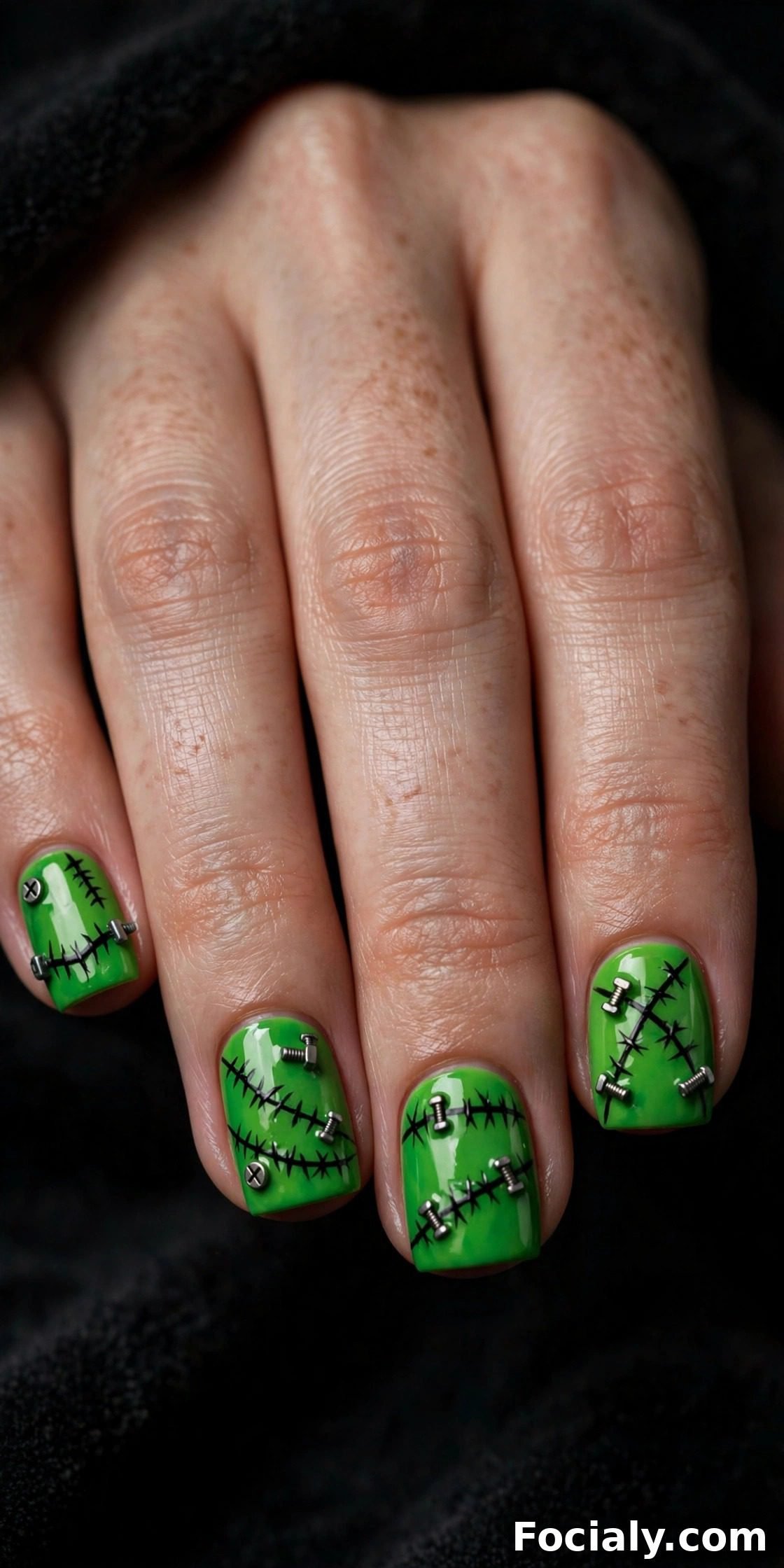 Monster green nails with black Frankenstein stitch detailing - Halloween nails design