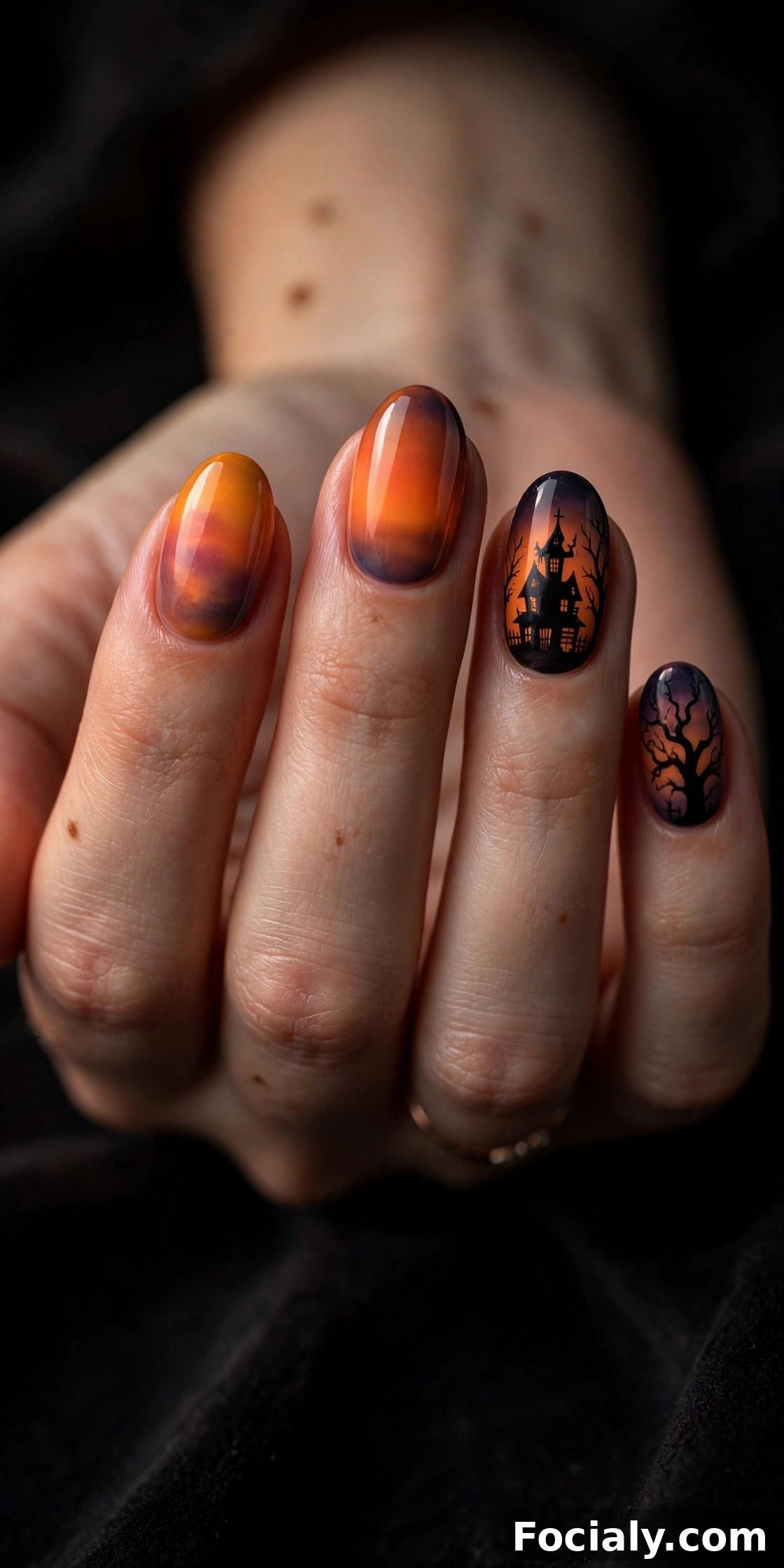 Orange sunset nails with black haunted house silhouettes - Halloween nails design