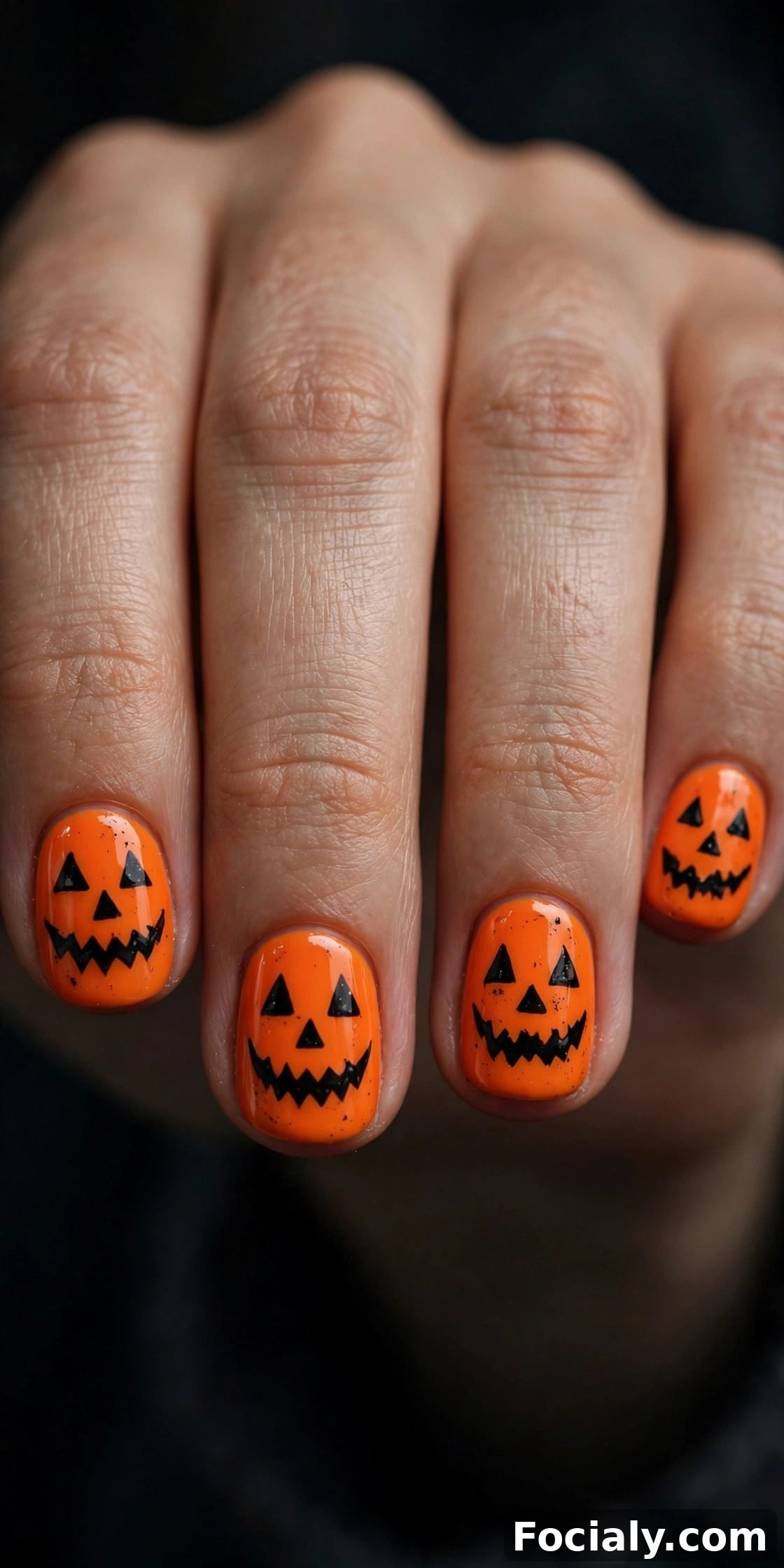 Bright orange nails with black jack-o-lantern faces - Halloween nails design