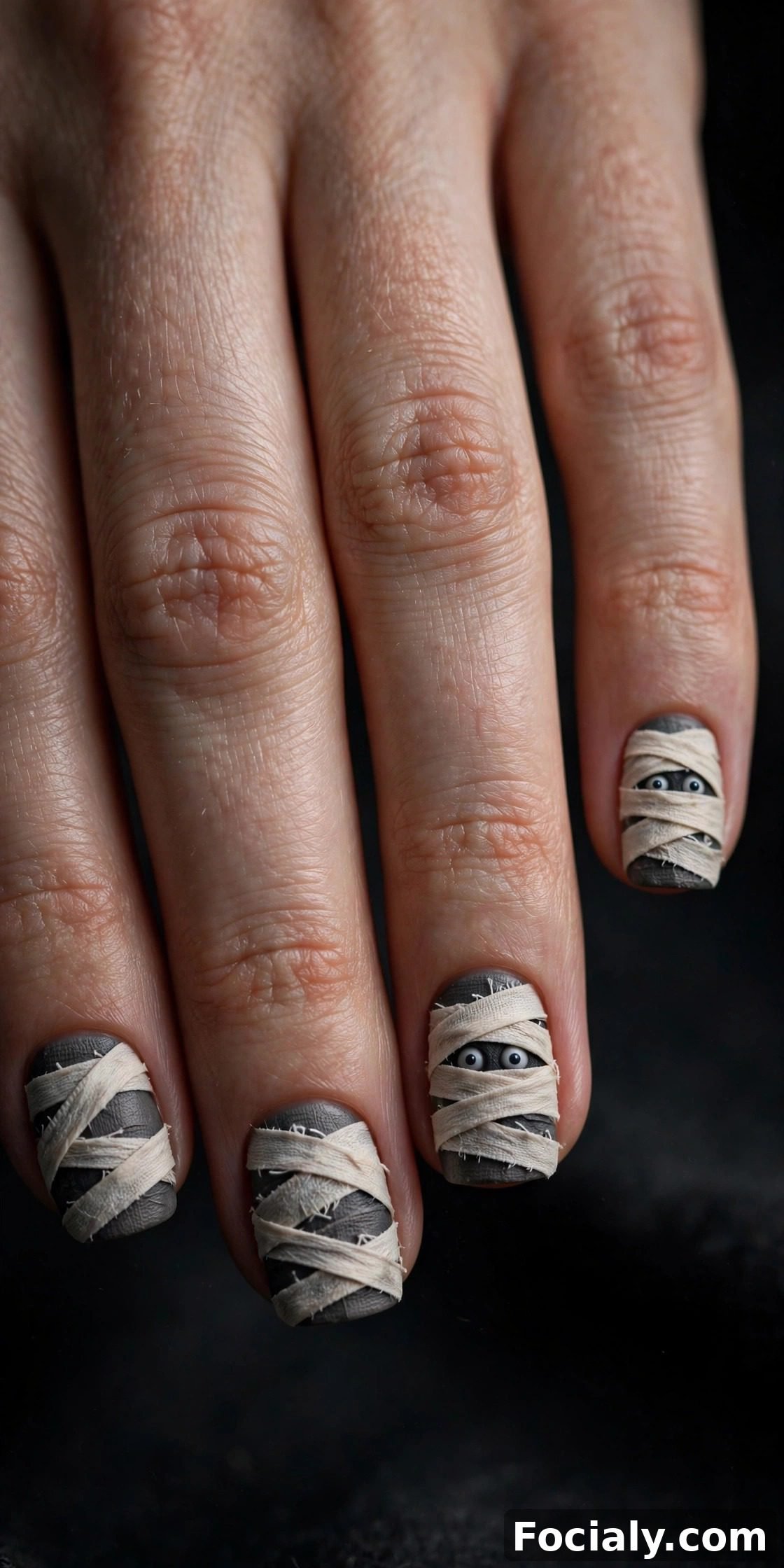 Mummy wrap nails with white bandage stripes and peeking eyes - Halloween nails design