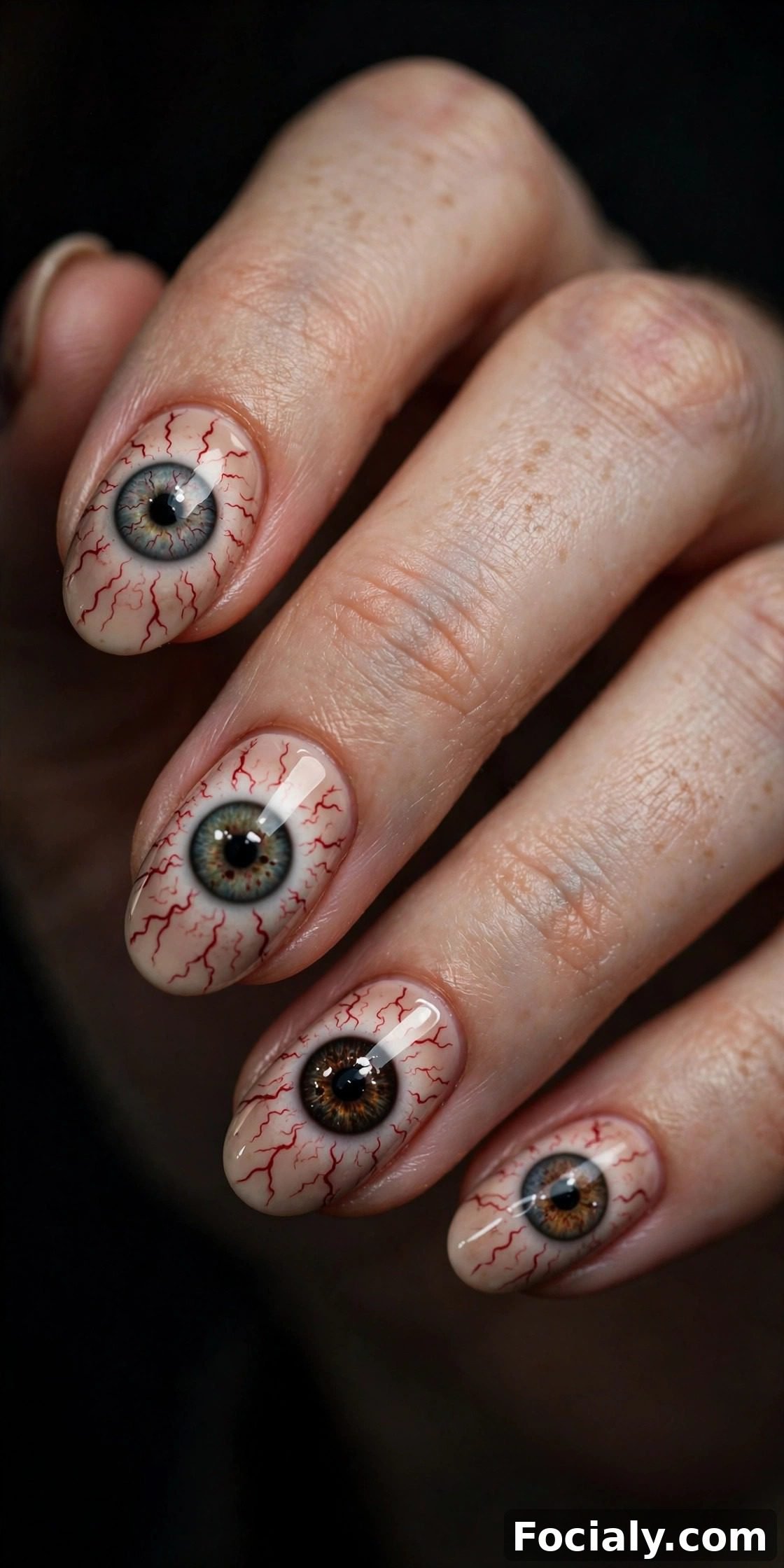 Nude nails with realistic creepy eyeball nail art - Halloween nails design