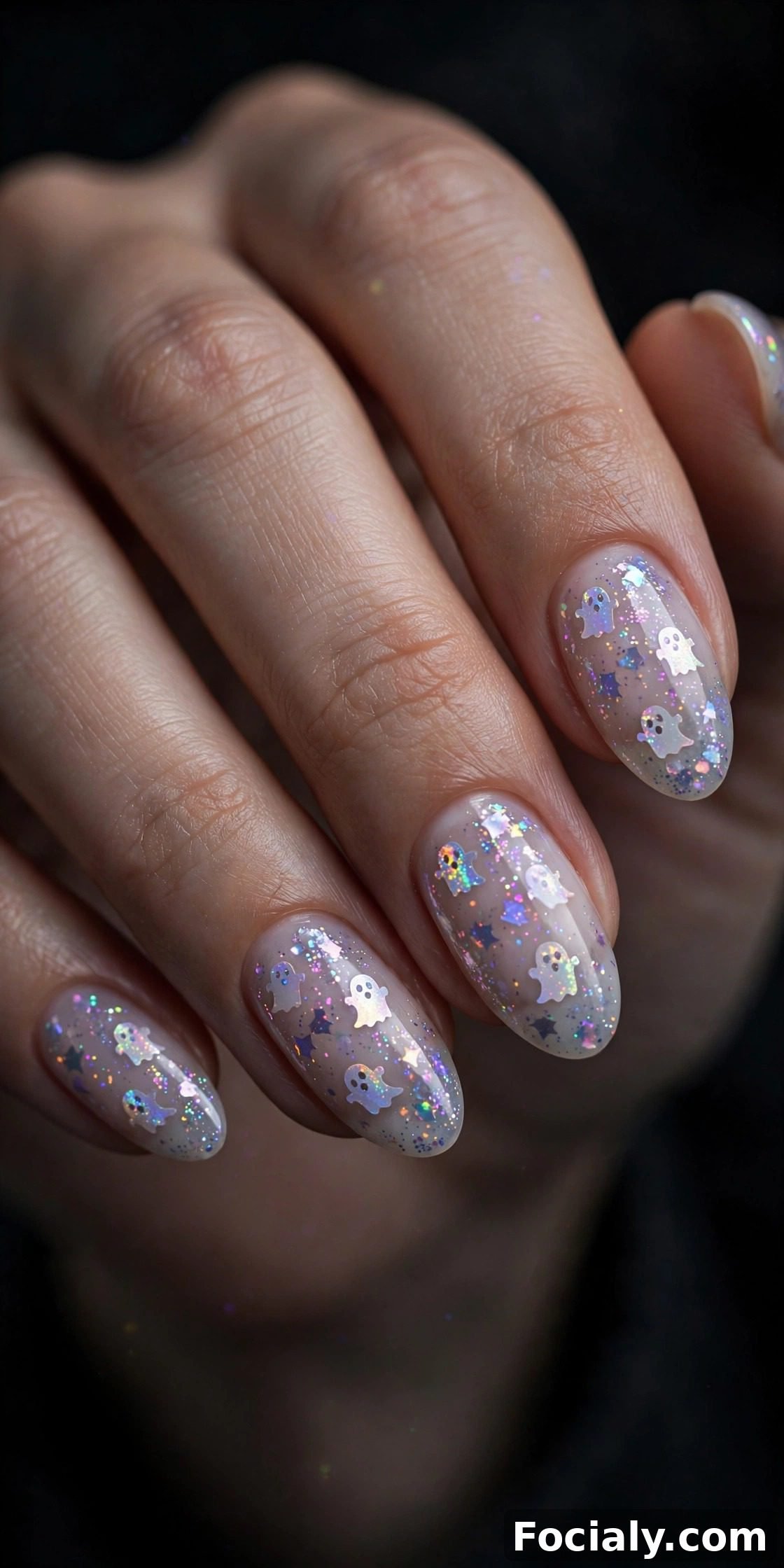 Milky white nails with holographic ghost glitter - Halloween nails design
