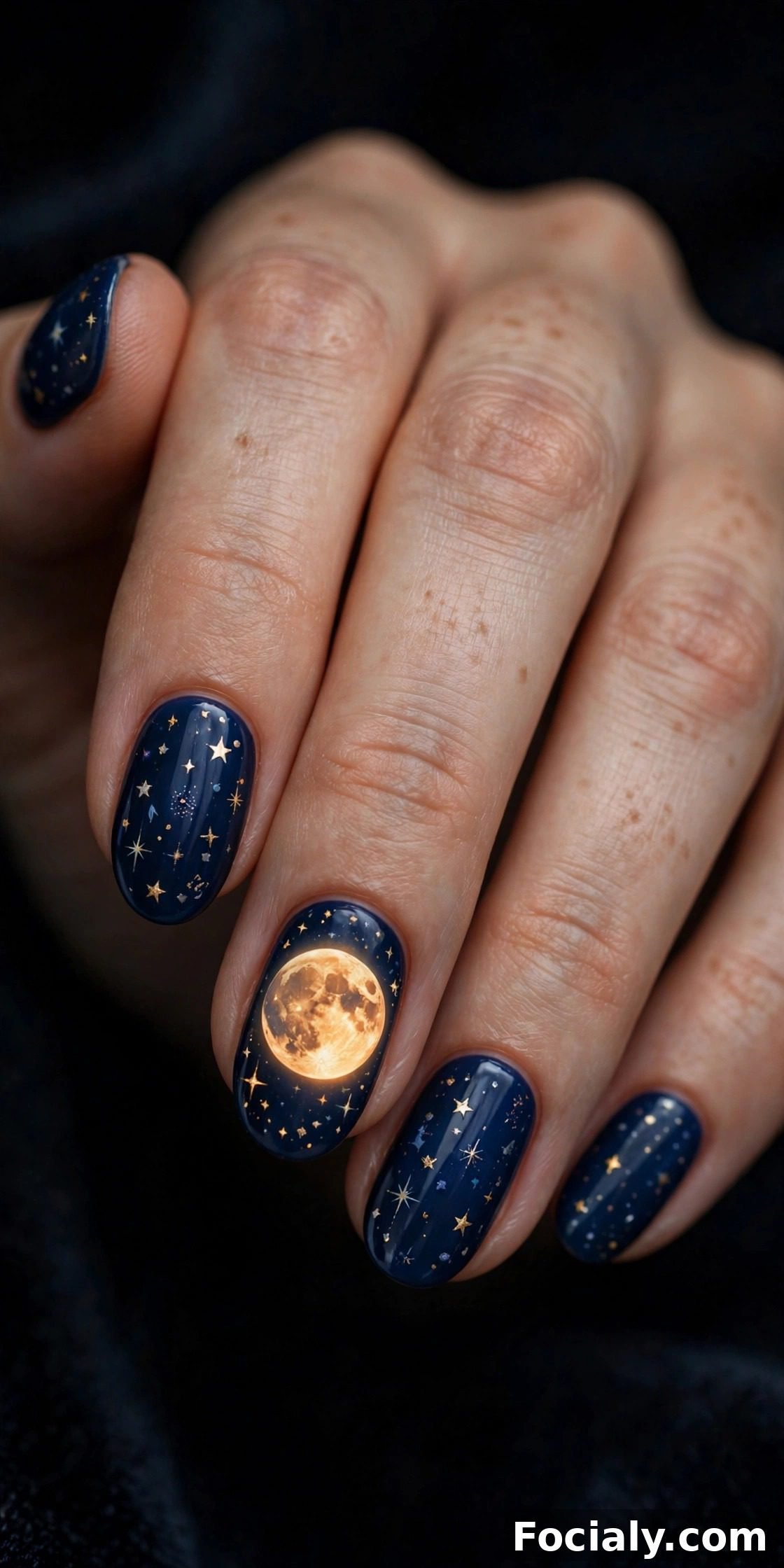 Deep navy nails with glowing harvest moon and stars - Halloween nails design