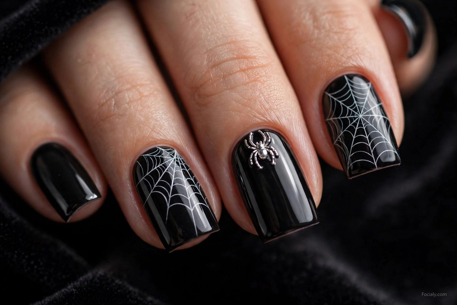 Black square Halloween nails with white spiderweb nail art and silver spider charm