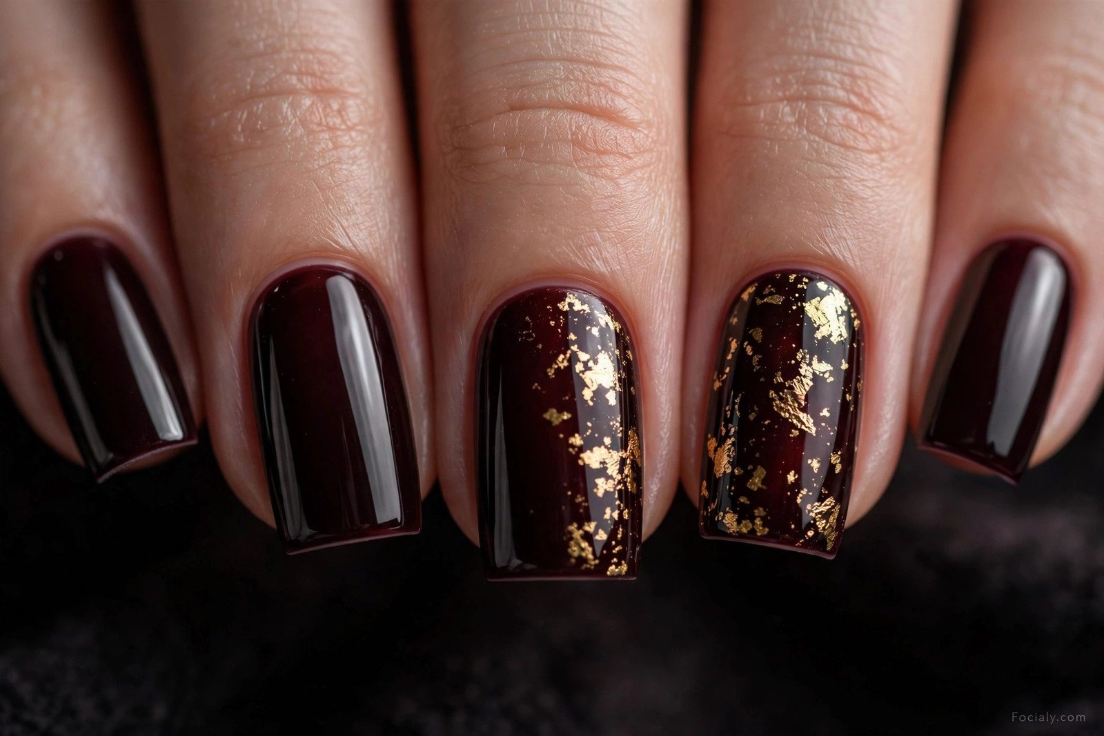 Black cherry glossy square Halloween nails with gold foil flakes
