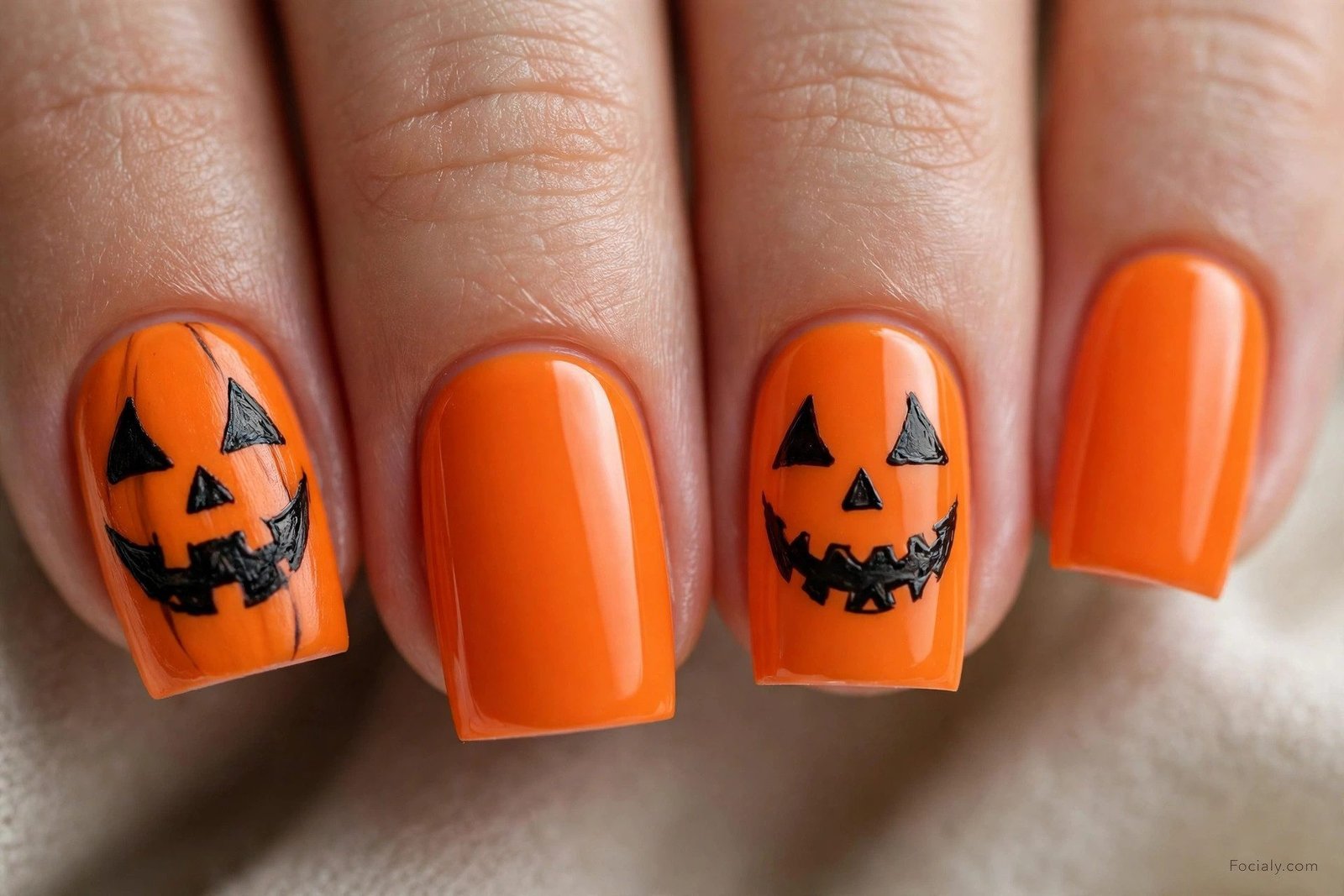 Pumpkin orange square Halloween nails with jack-o'-lantern faces
