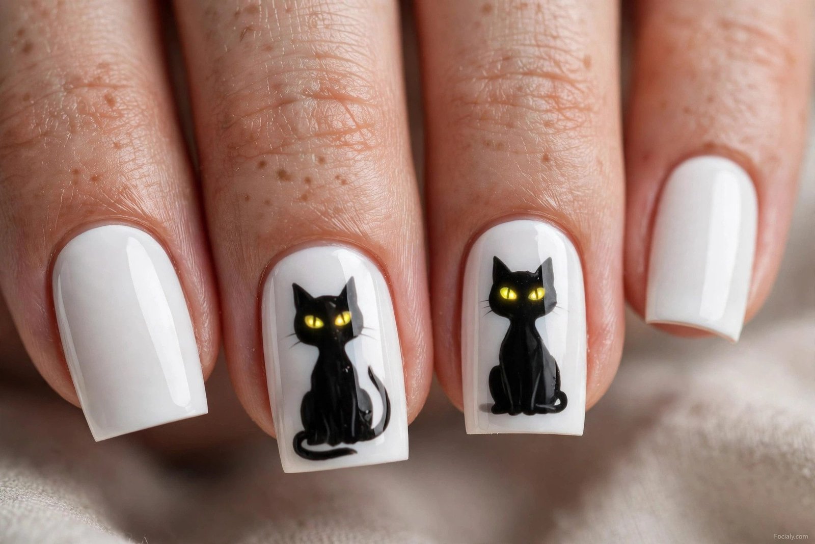 White square Halloween nails with black cat silhouettes