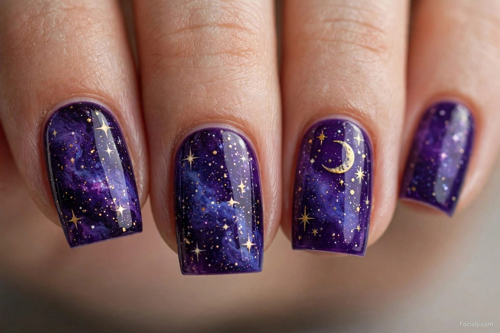 Purple galaxy square Halloween nails with stars and crescent moon