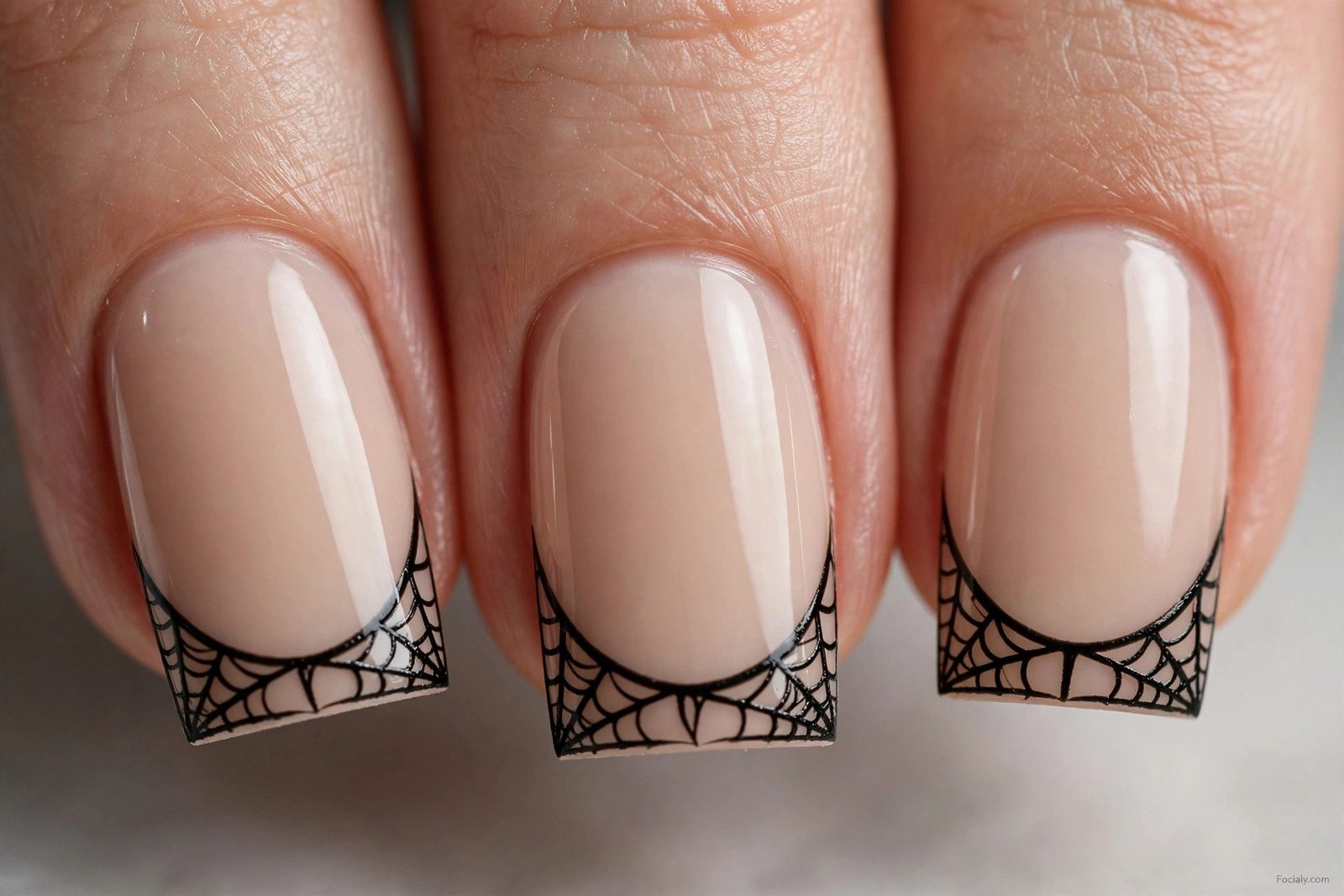 Nude square Halloween nails with black spiderweb French tips