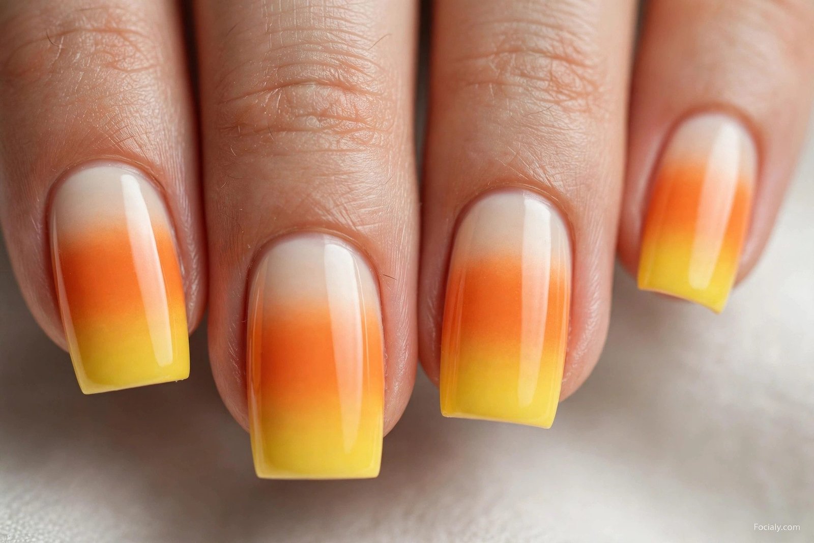Candy corn gradient square Halloween nails in white orange and yellow