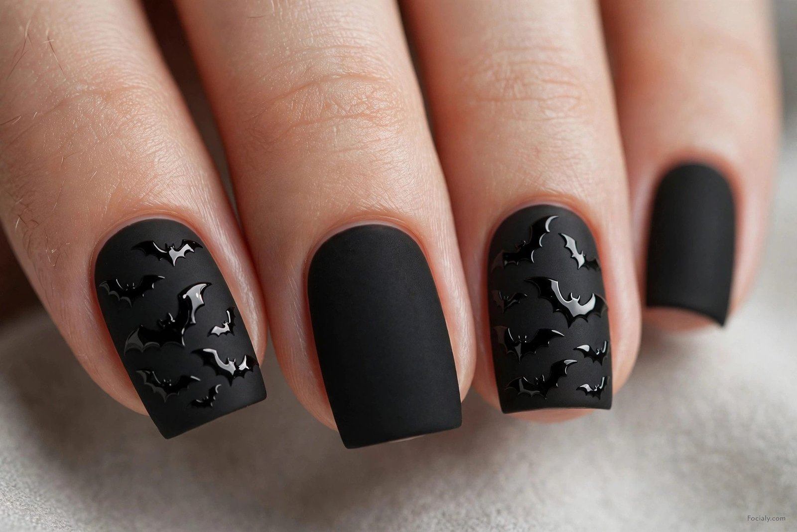 Matte black square Halloween nails with glossy bat silhouettes