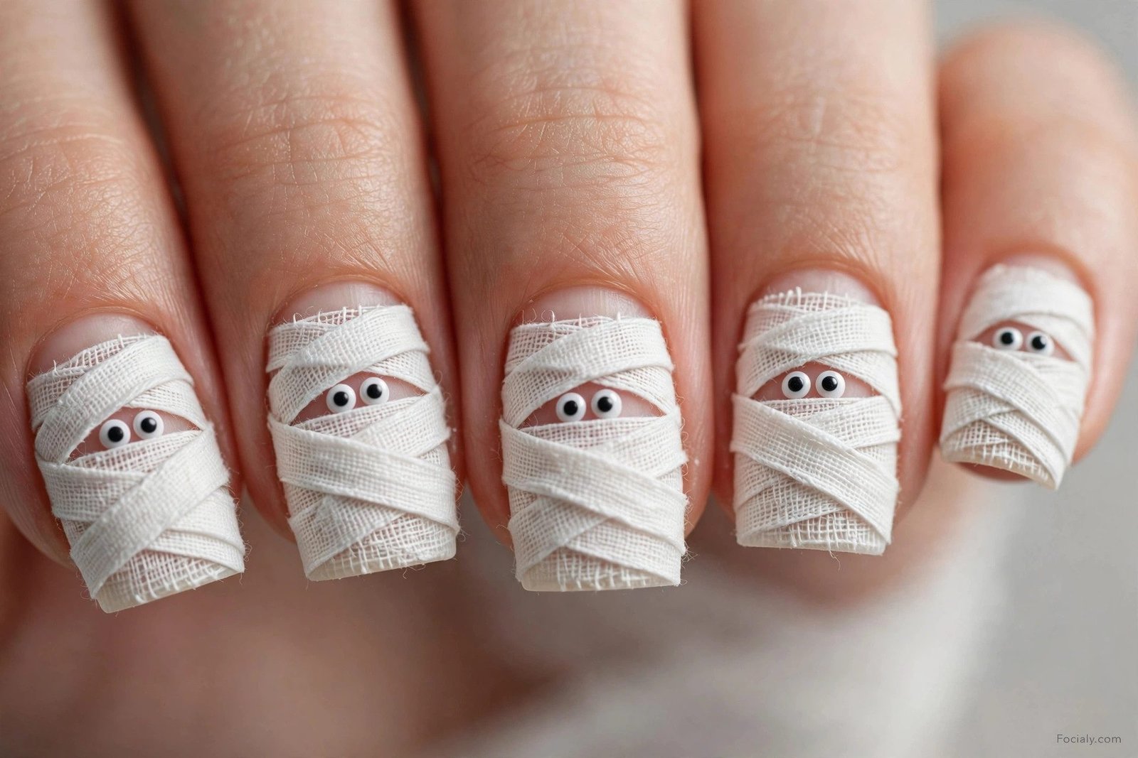 White mummy wrap square Halloween nails with googly eyes