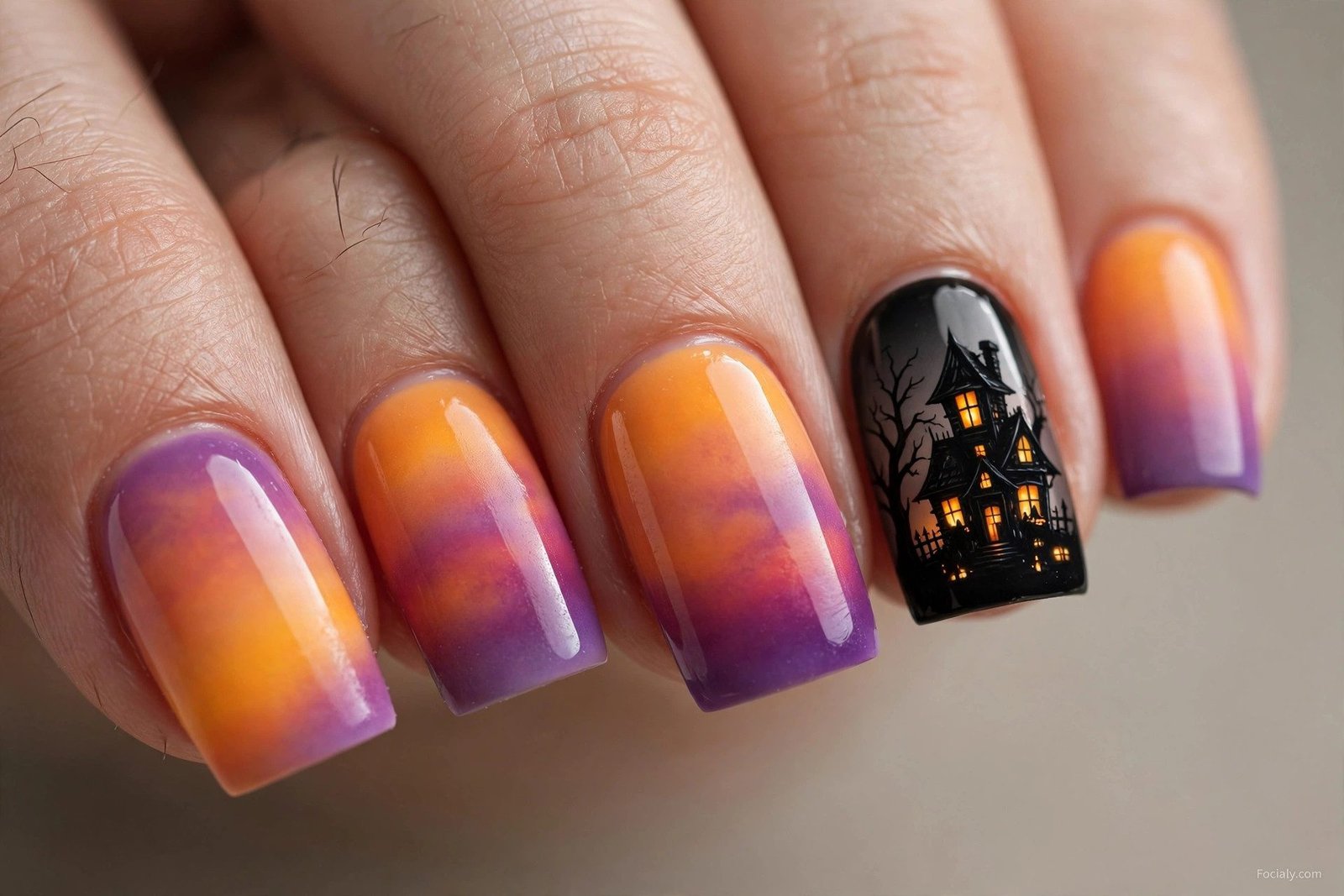 Orange purple gradient square Halloween nails with haunted house silhouette