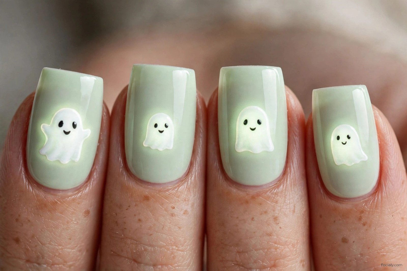 Mint green square Halloween nails with glowing white ghost faces