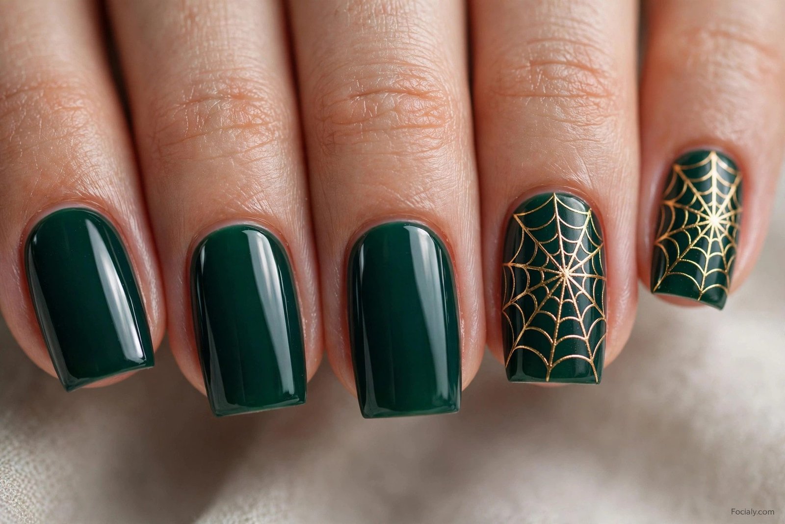 Emerald green square Halloween nails with gold spiderweb art