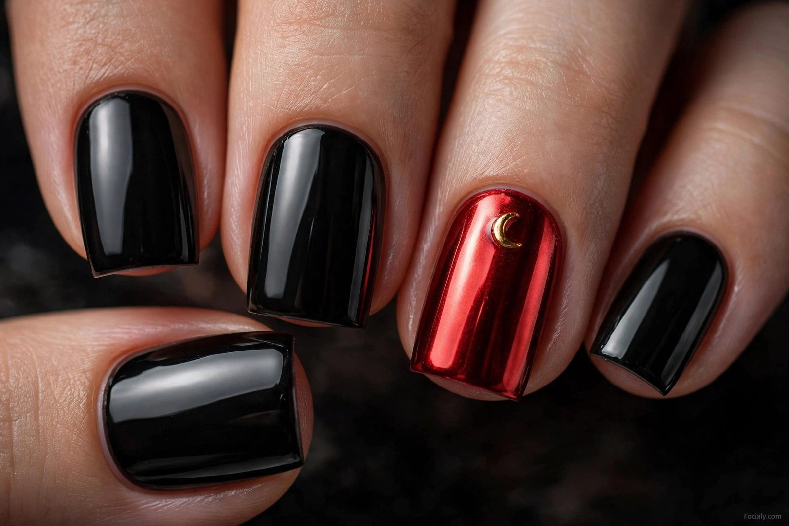 Black square Halloween nails with red chrome accent nail