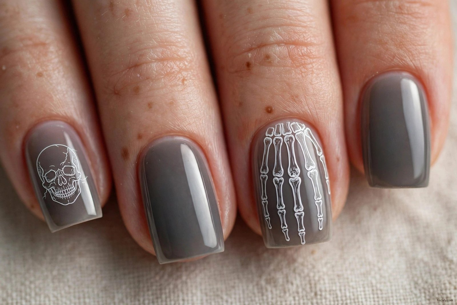 Grey square Halloween nails with white skeleton bone art
