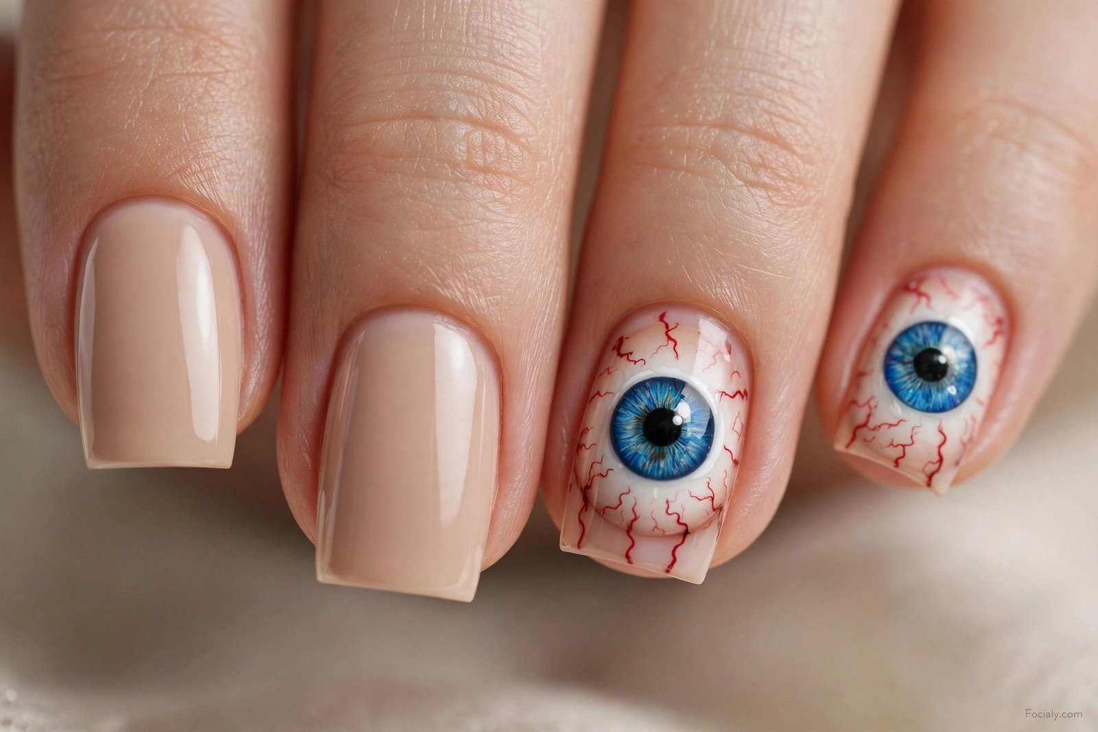 Nude square Halloween nails with spooky eyeball nail art
