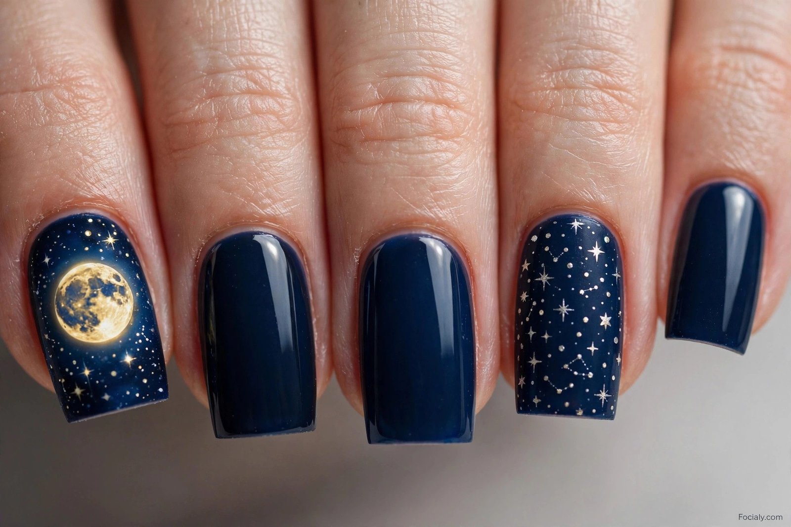 Midnight blue square Halloween nails with full moon and stars