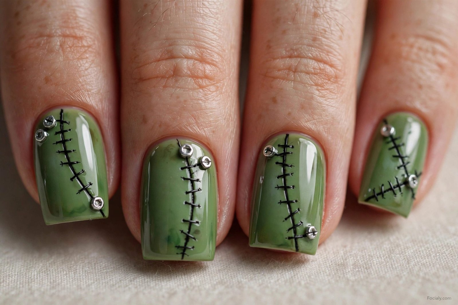 Green Frankenstein stitch square Halloween nails