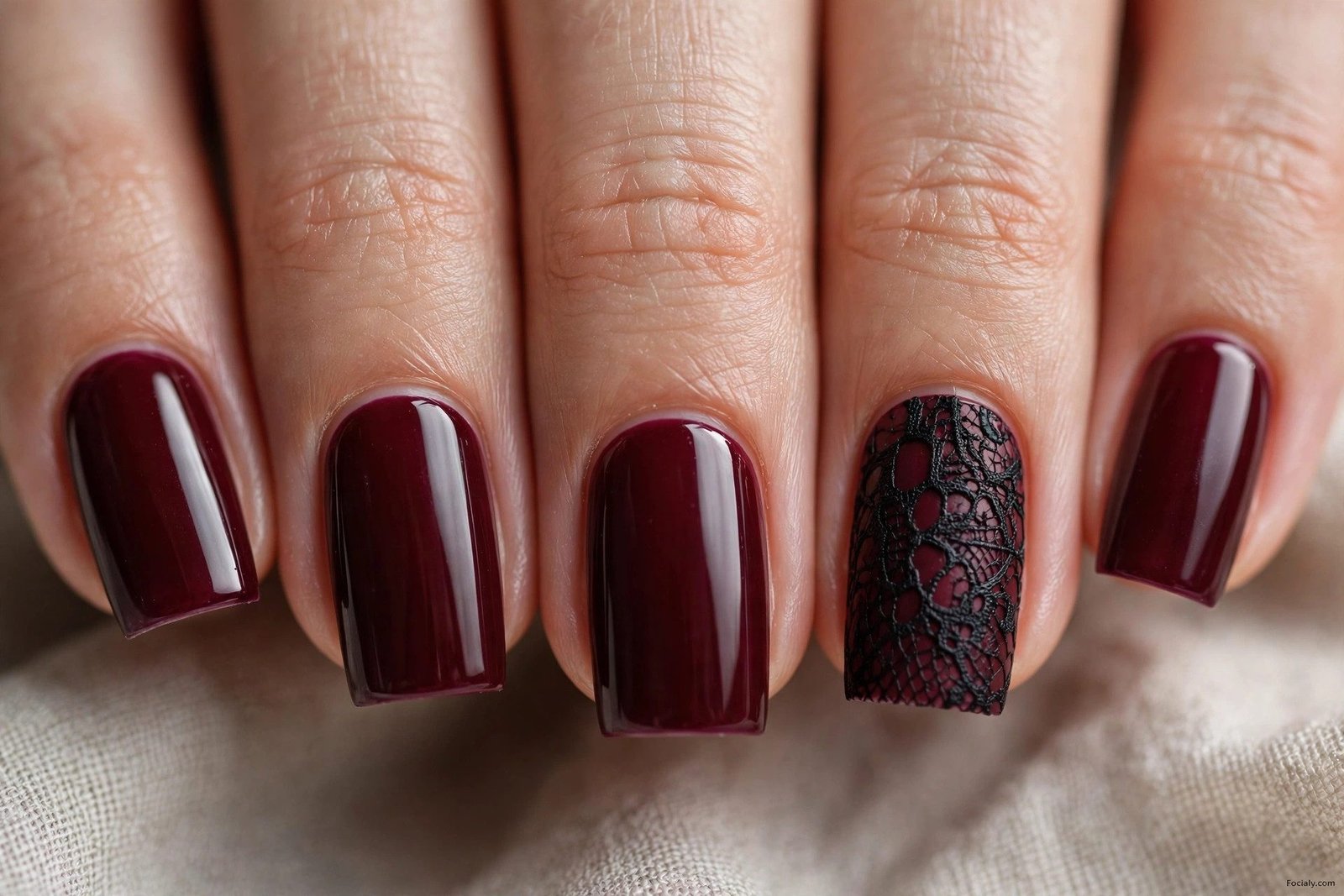 Burgundy square Halloween nails with black lace nail art