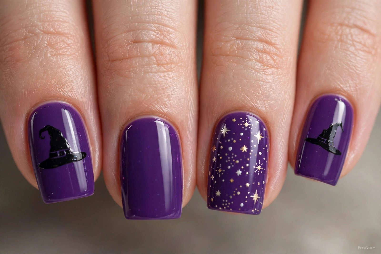 Purple square Halloween nails with witch hat silhouette