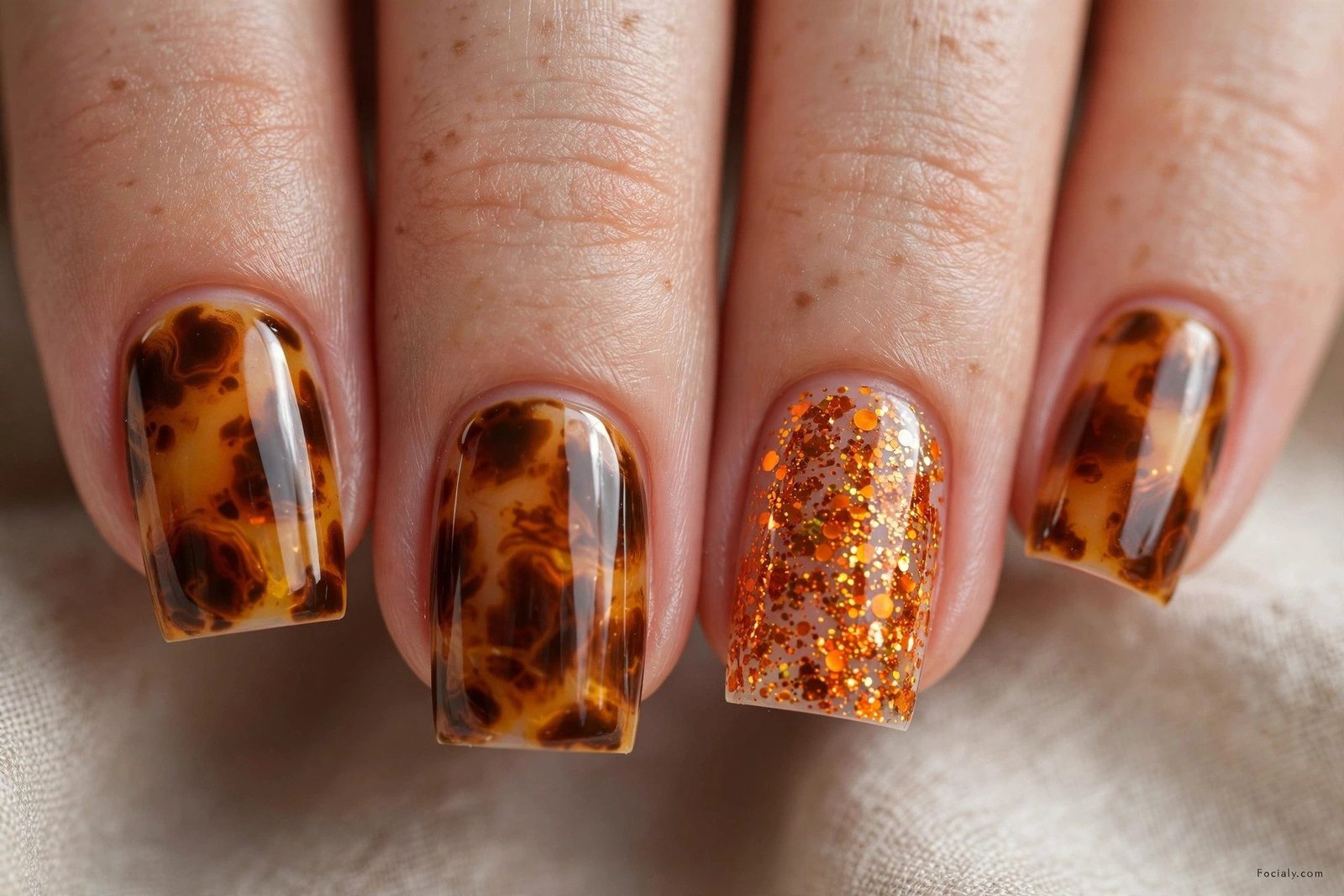 Tortoiseshell square Halloween nails with orange glitter