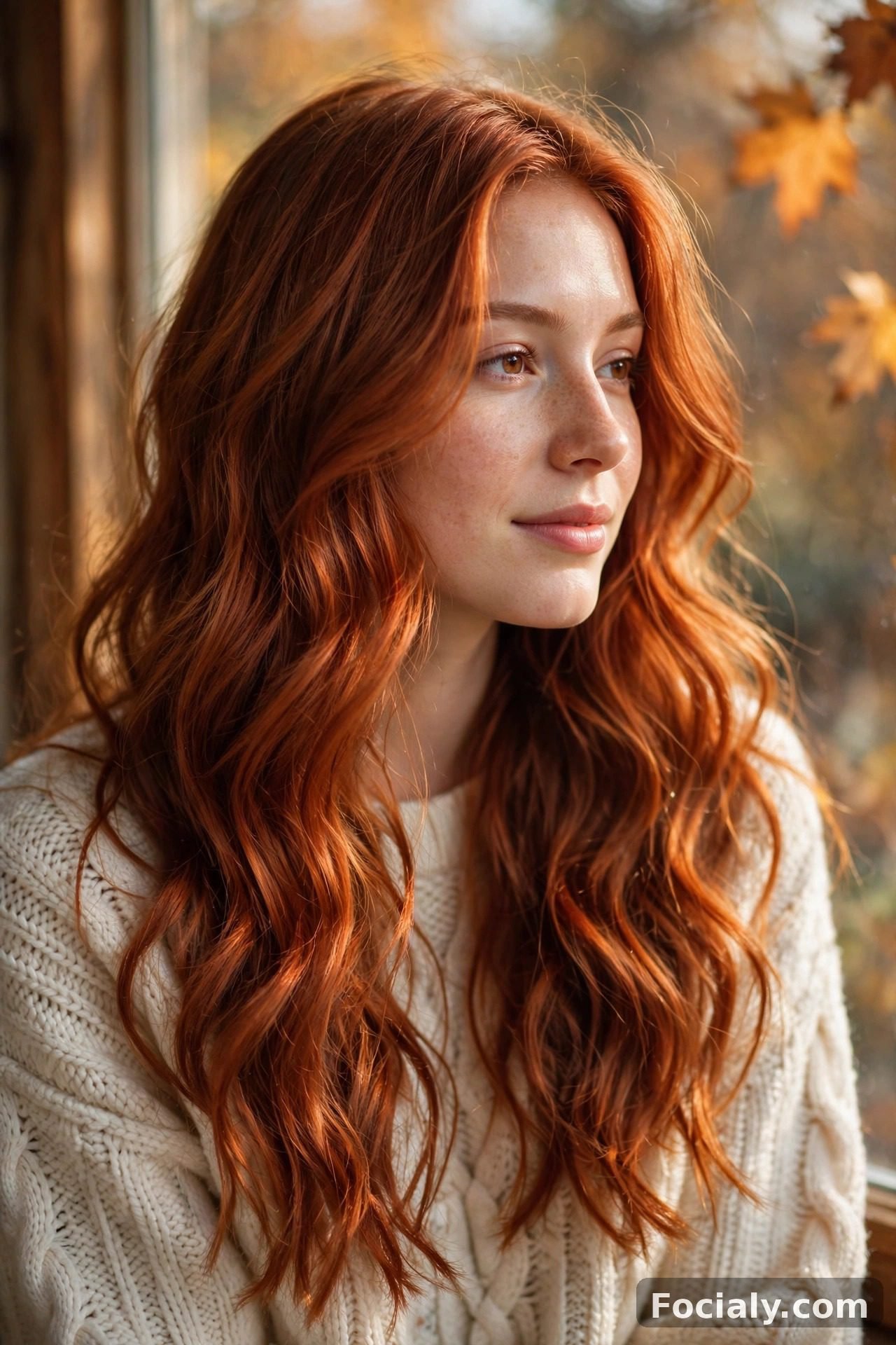 Spiced copper fall hair color on long wavy hair