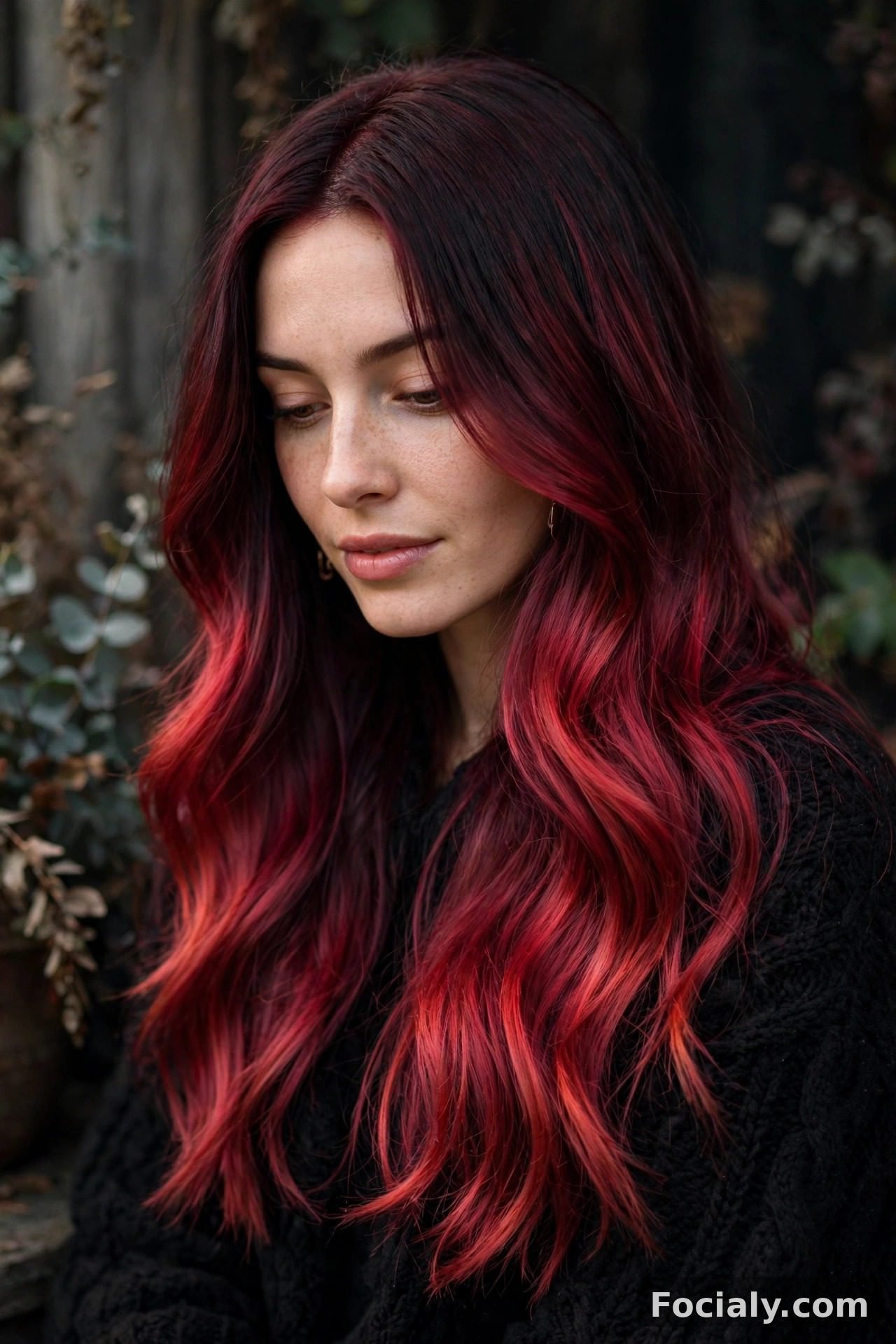 Cranberry melt hair color from burgundy roots to red ends